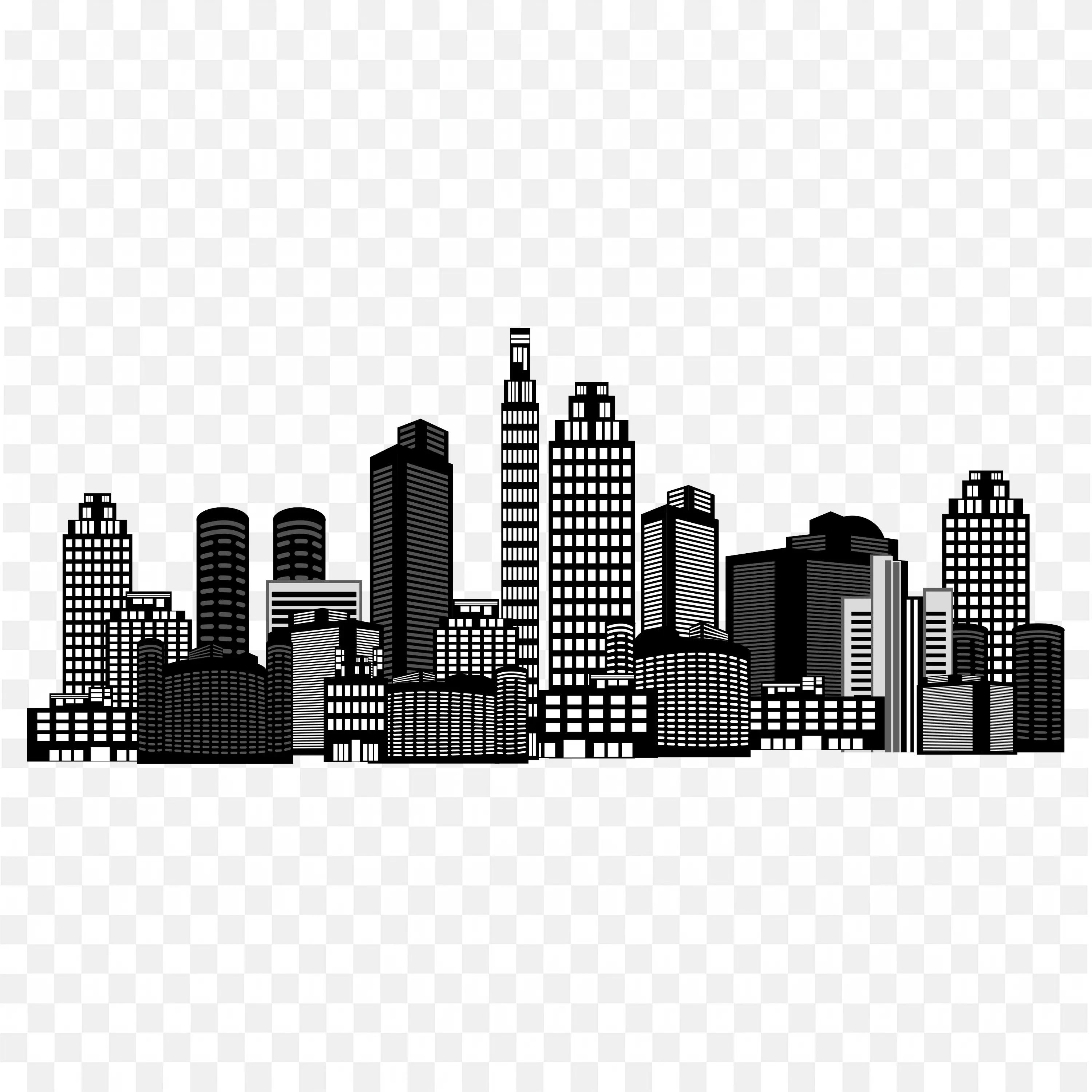 City Skyline with Modern Buildings in Black and White PNG