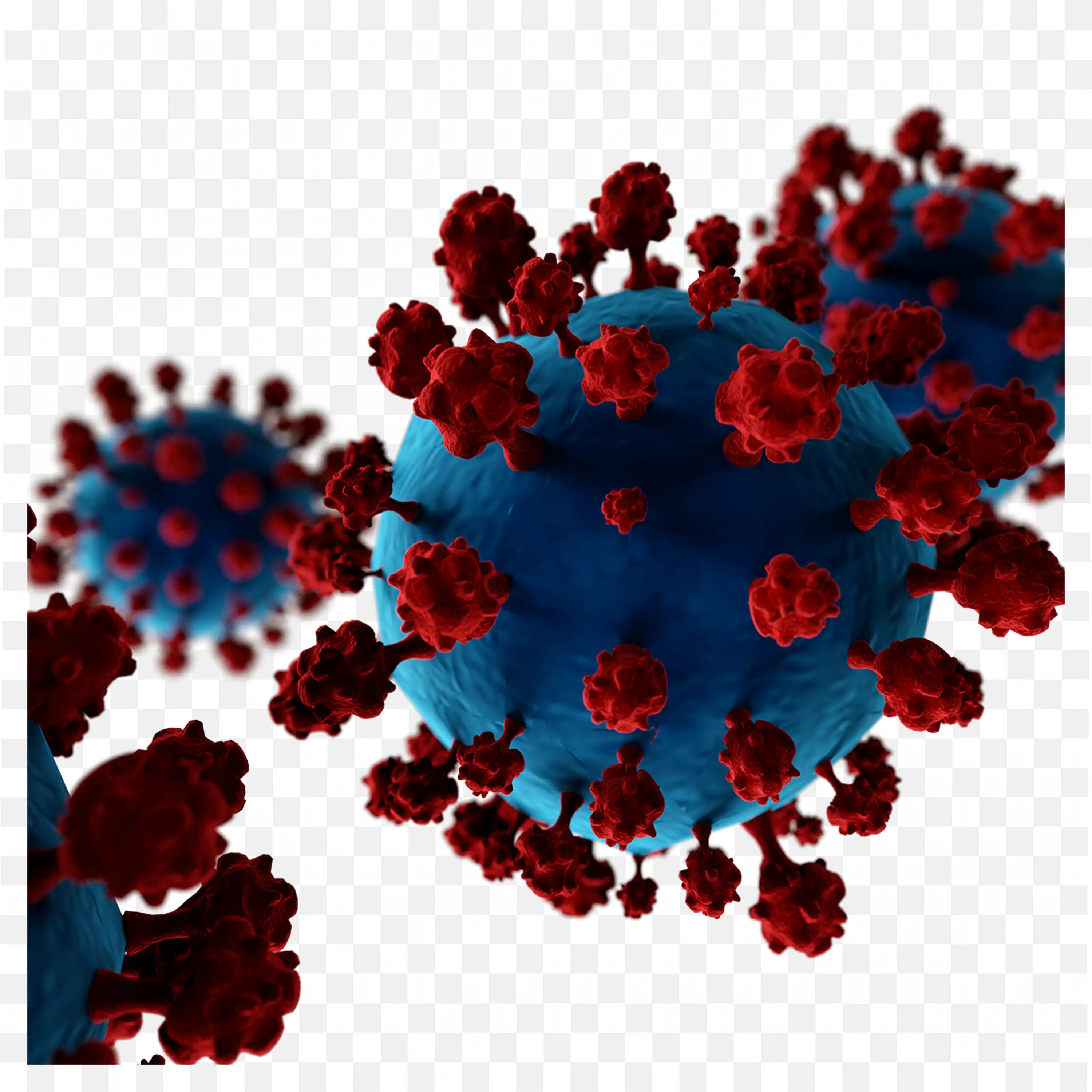 Closeup of Coronavirus Virus Particles in Blue and Red