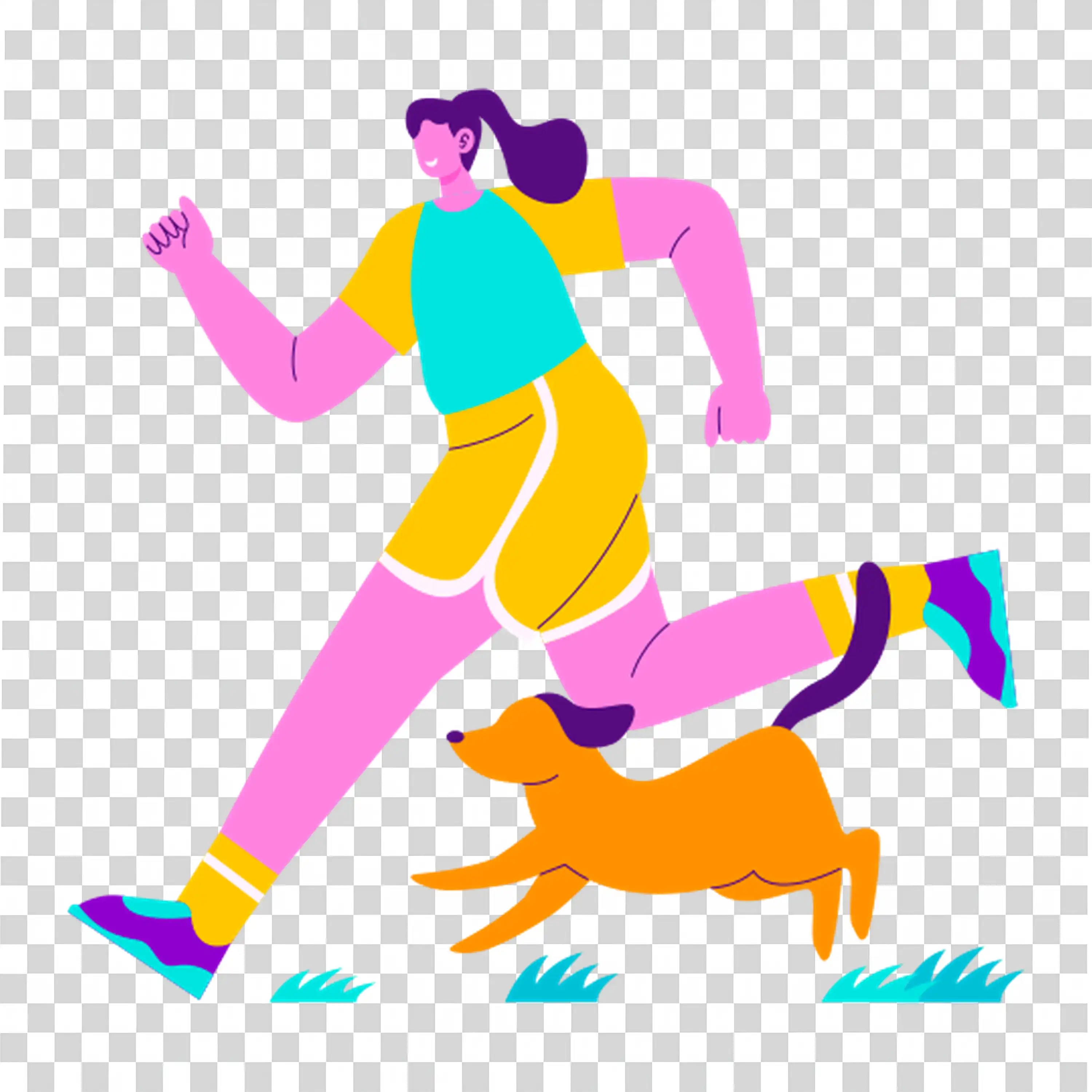 Colorful person jogging with pet in fun energetic motion