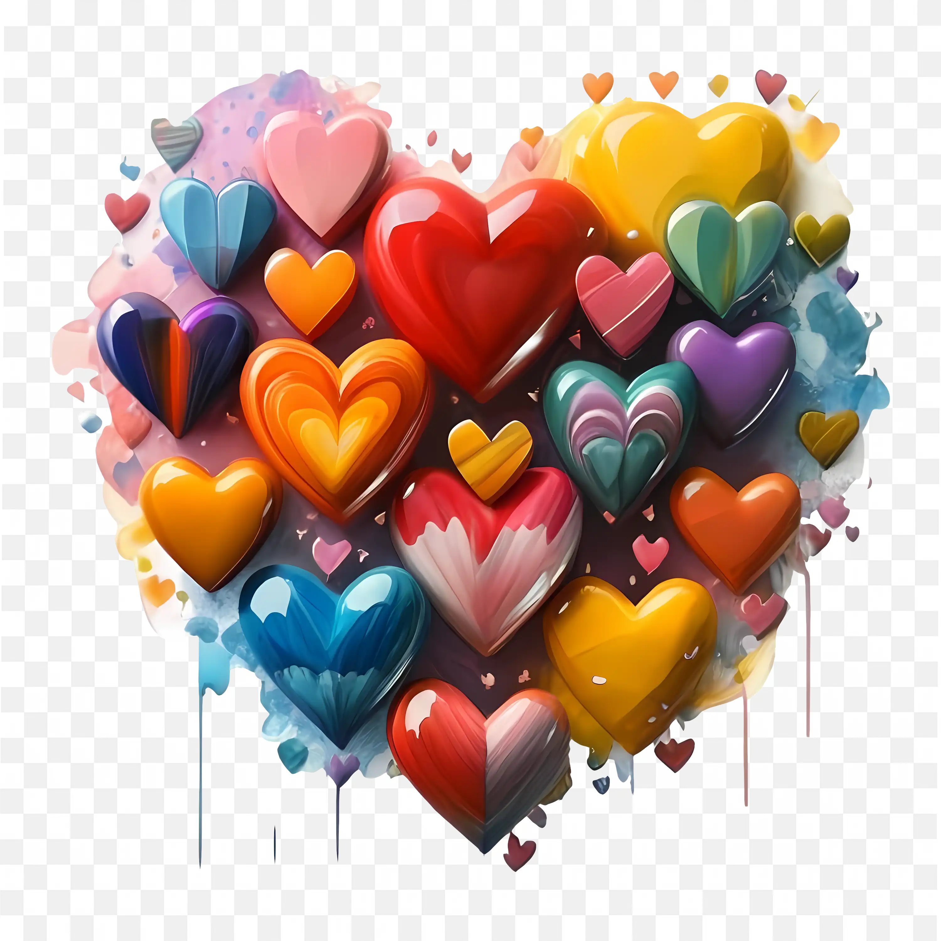 Colourful 3D Heart Shapes Grouped Together with Drips PNG