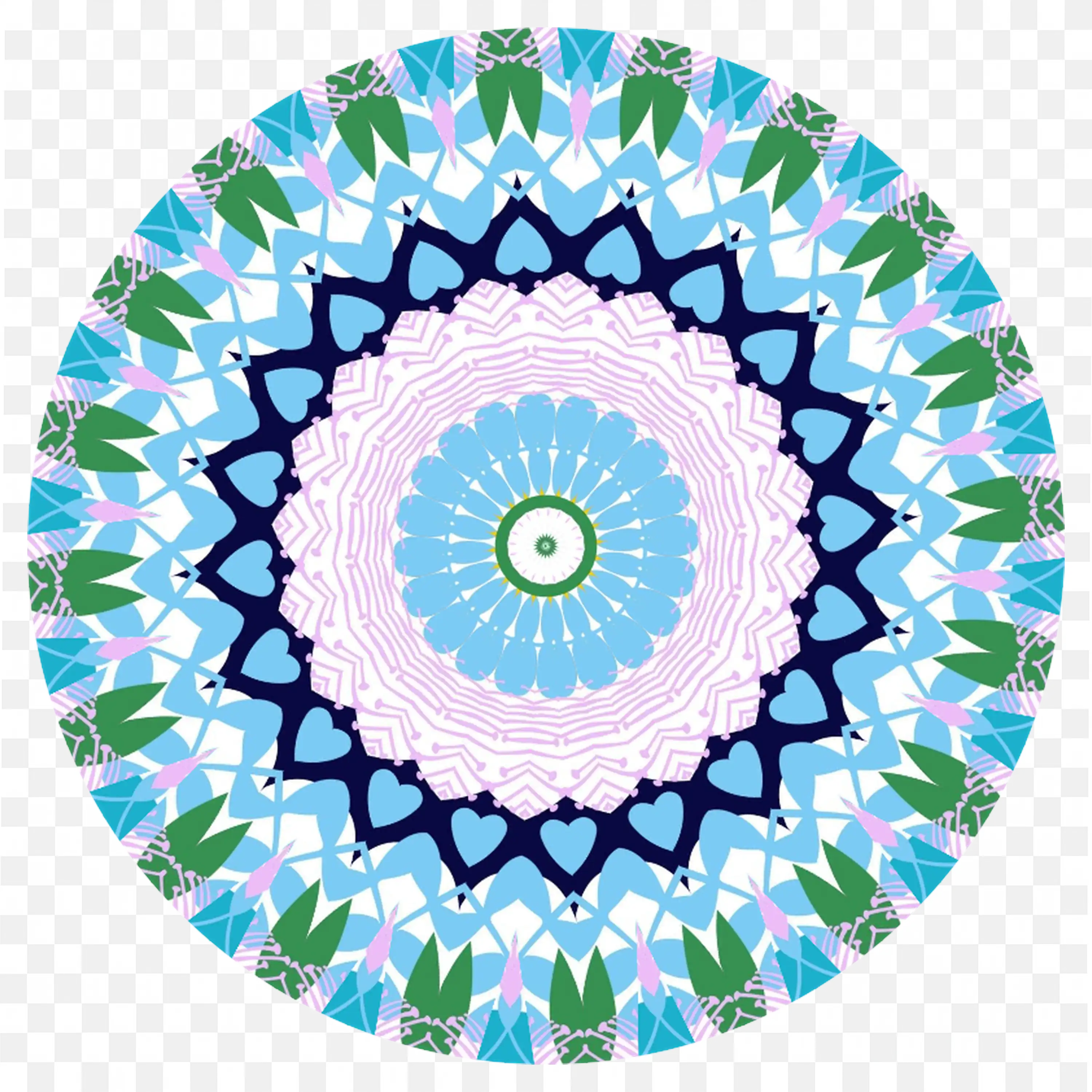 Colourful Blue Floral Mandala with Heart and Leaf Motifs PNG