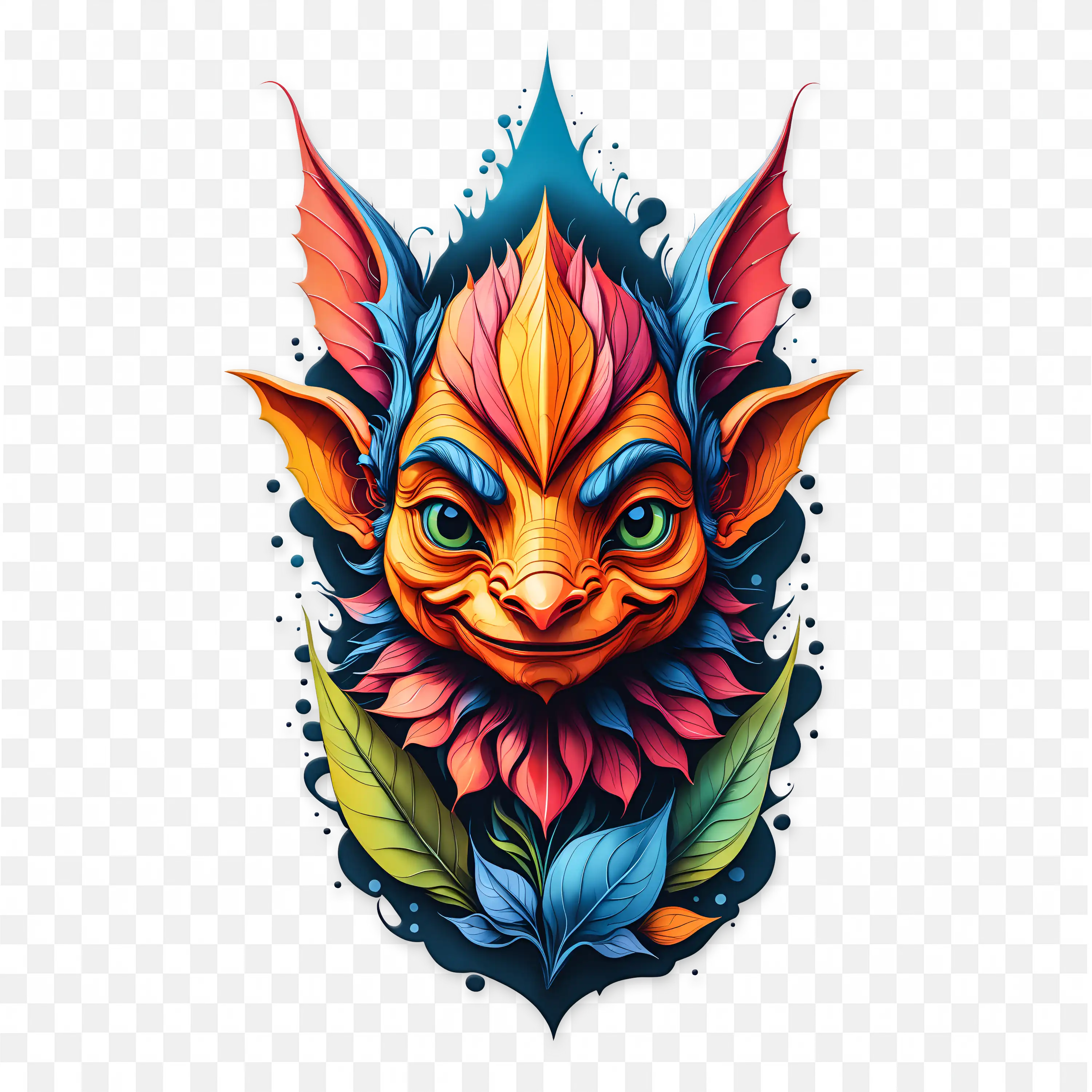 Colourful Fantasy Creature with Leaves Clip Art PNG