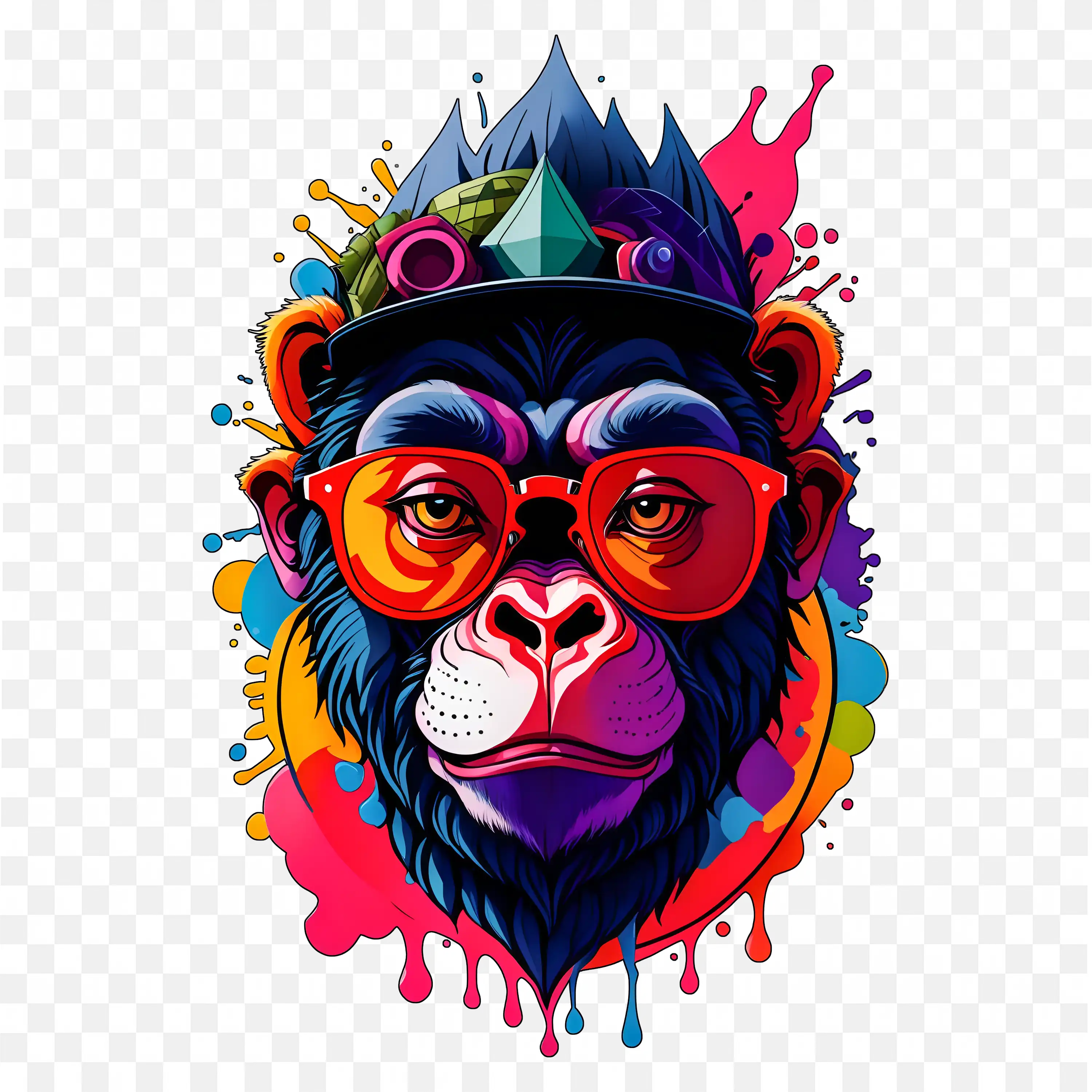 Colourful Gorilla Portrait with Glasses and Crown Free PNG