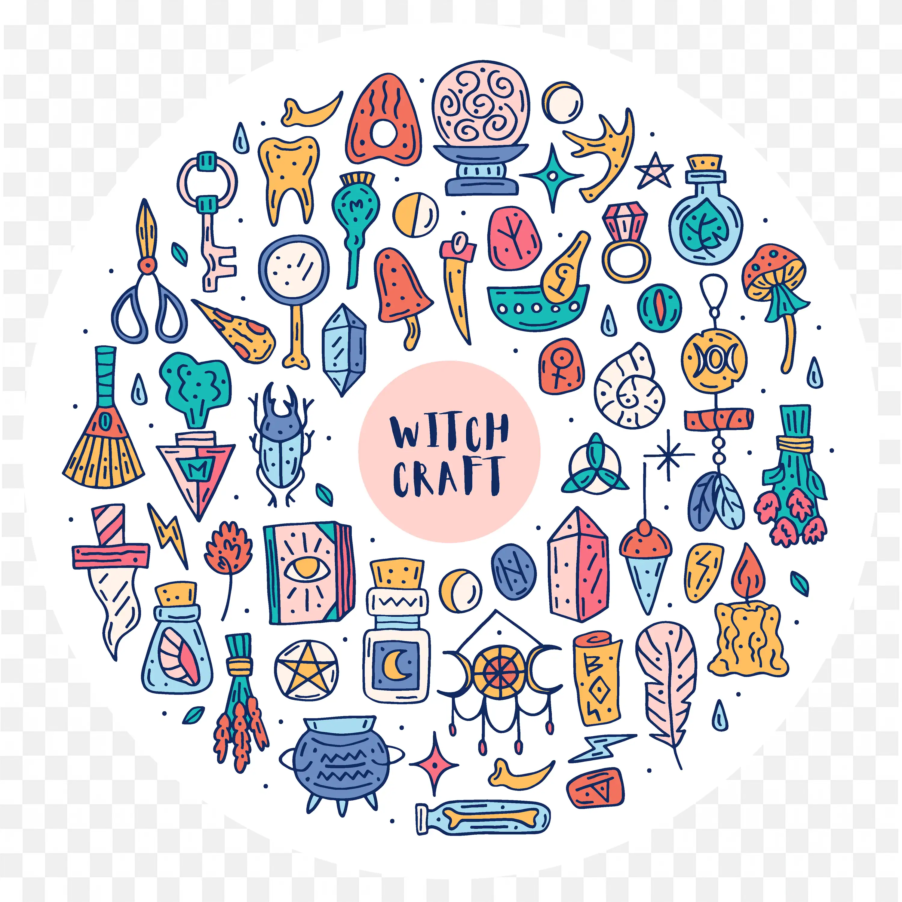 Colourful Hand Drawn Witchcraft Icons in Round Layout PNG