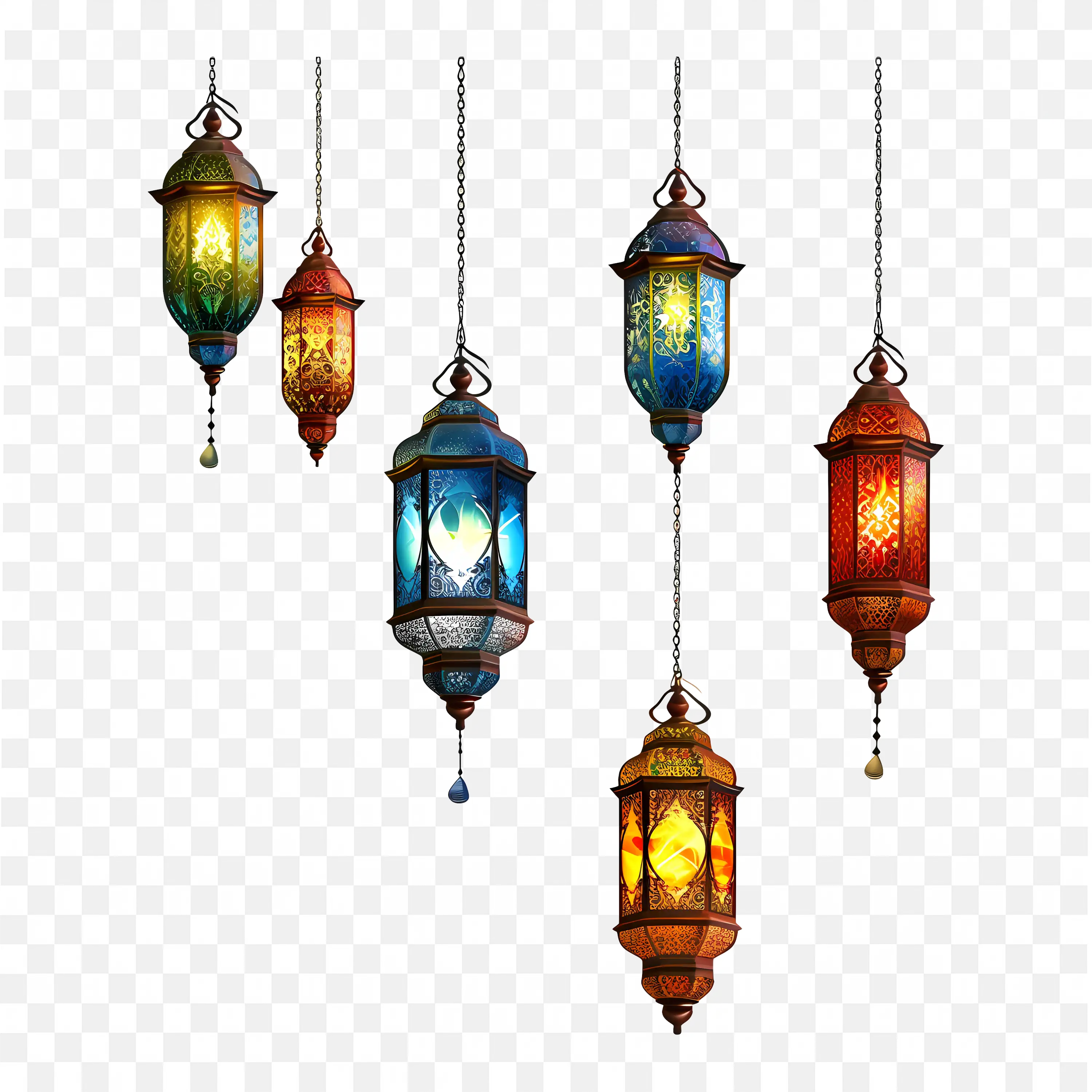 Colourful Hanging Lanterns in Classic Decorative Style PNG