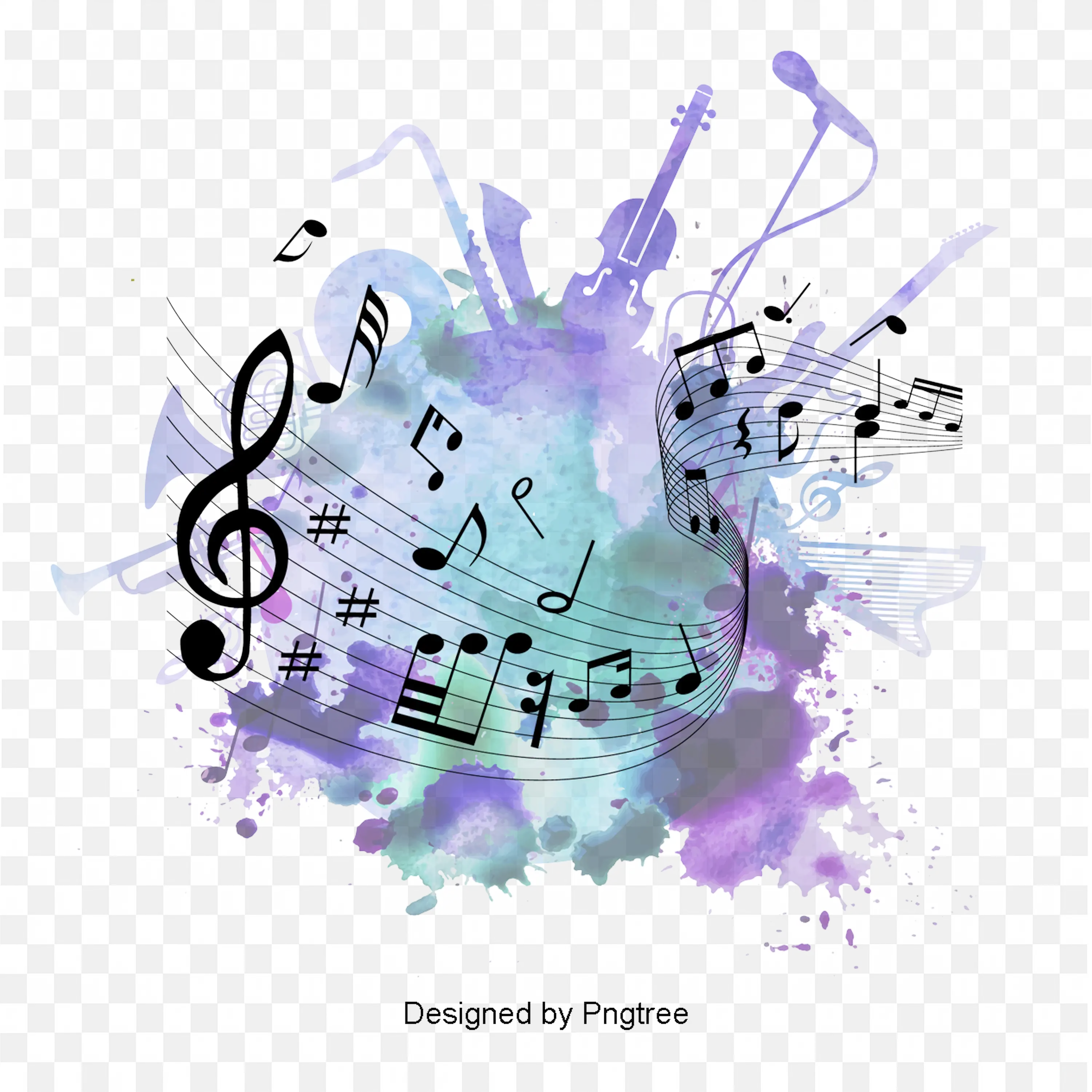 Colourful Music Notes with Guitar and Paint Splash Art PNG