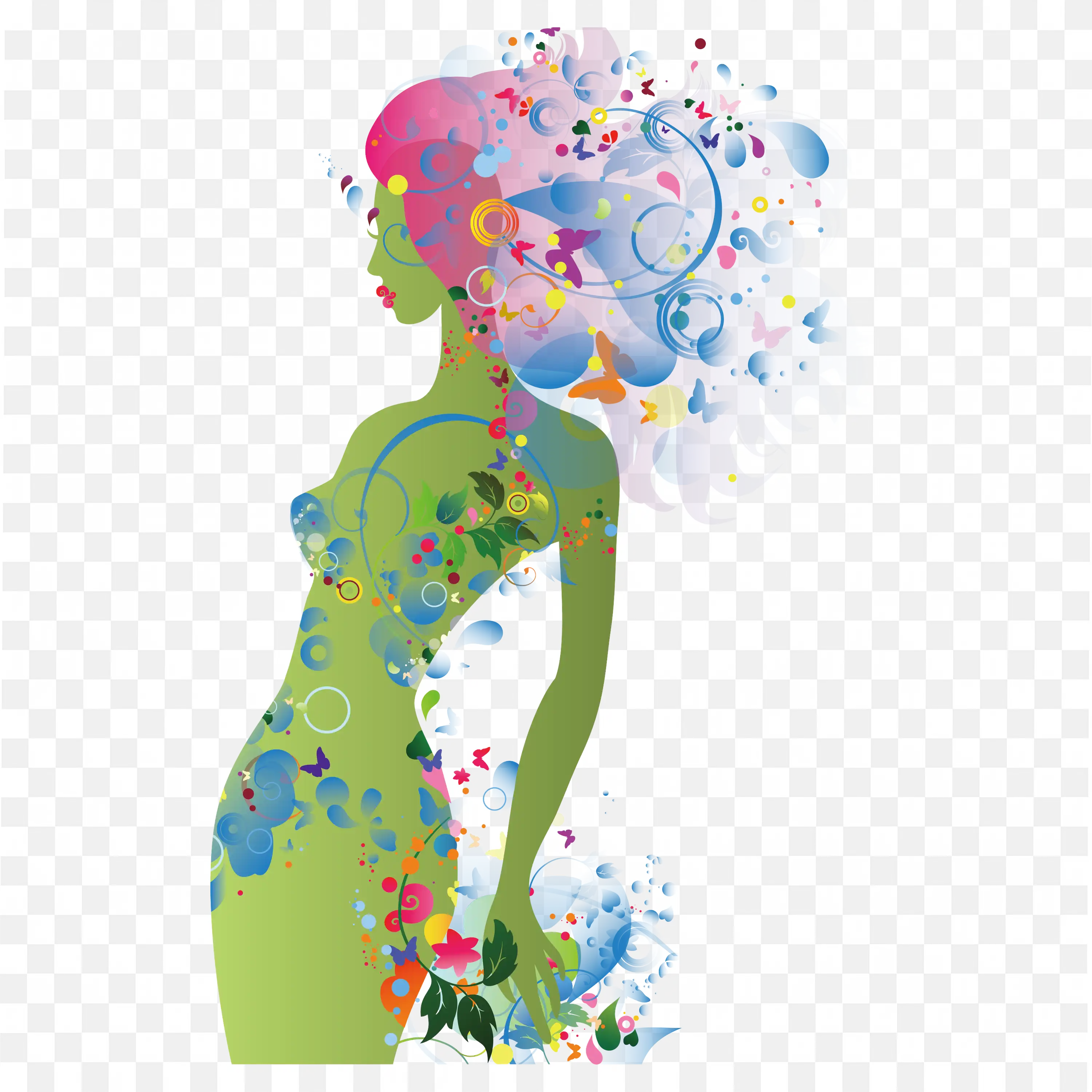Colourful Nature Woman Shadow with Flowers and Leaves PNG