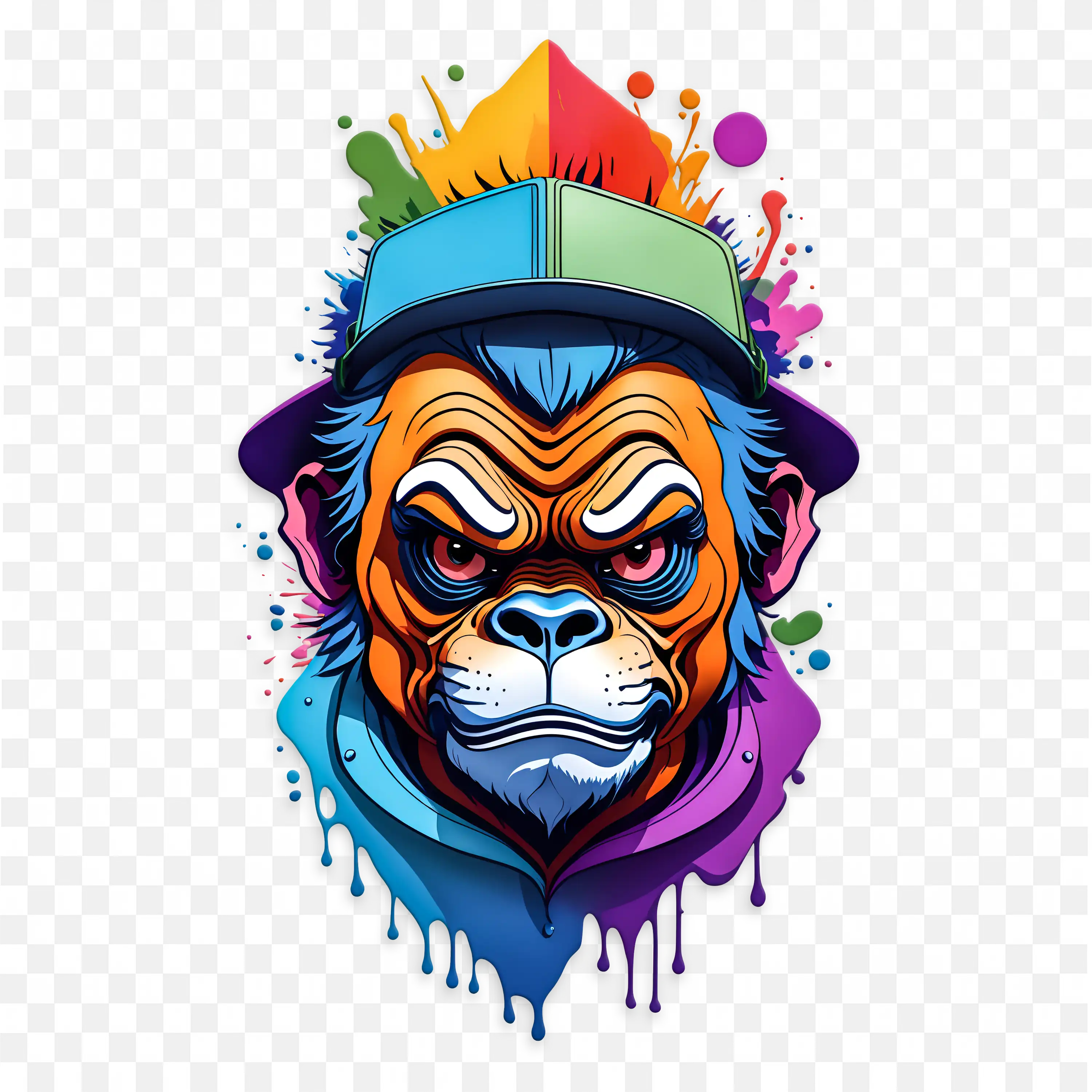 Colourful Paint Splashes Gorilla Face with a Cap Free PNG