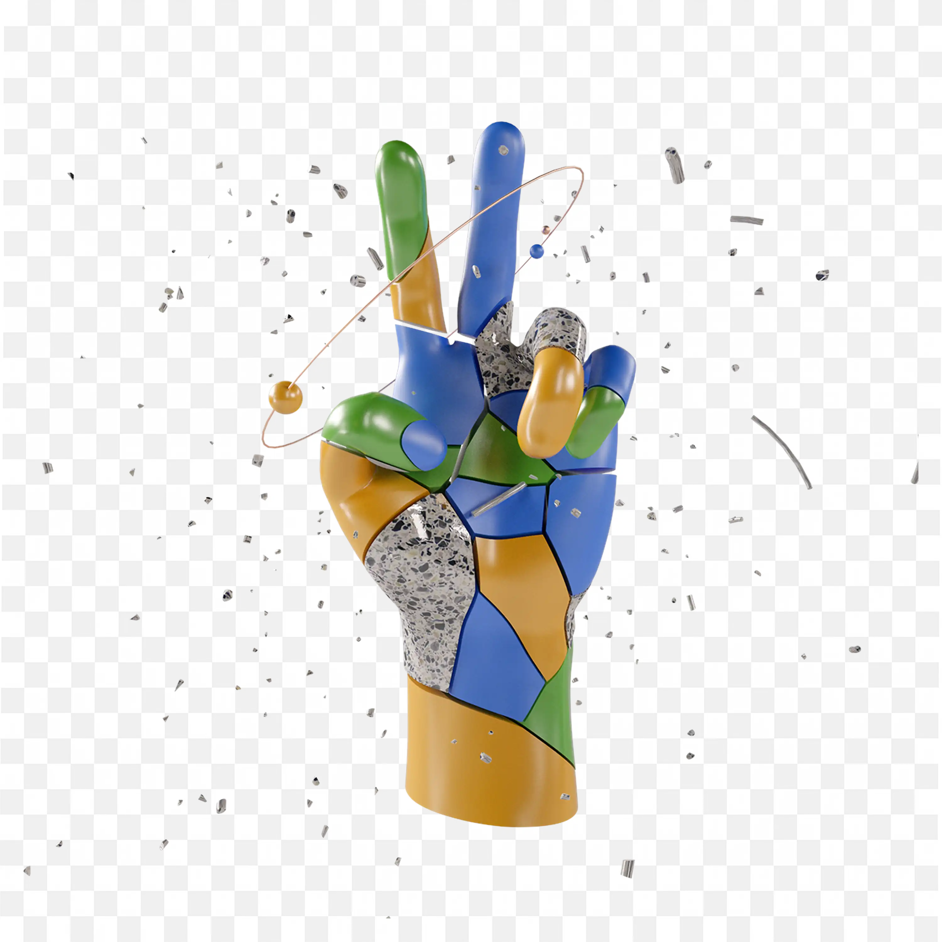 Colourful Robotic Hand Making Peace Sign with Sparks PNG