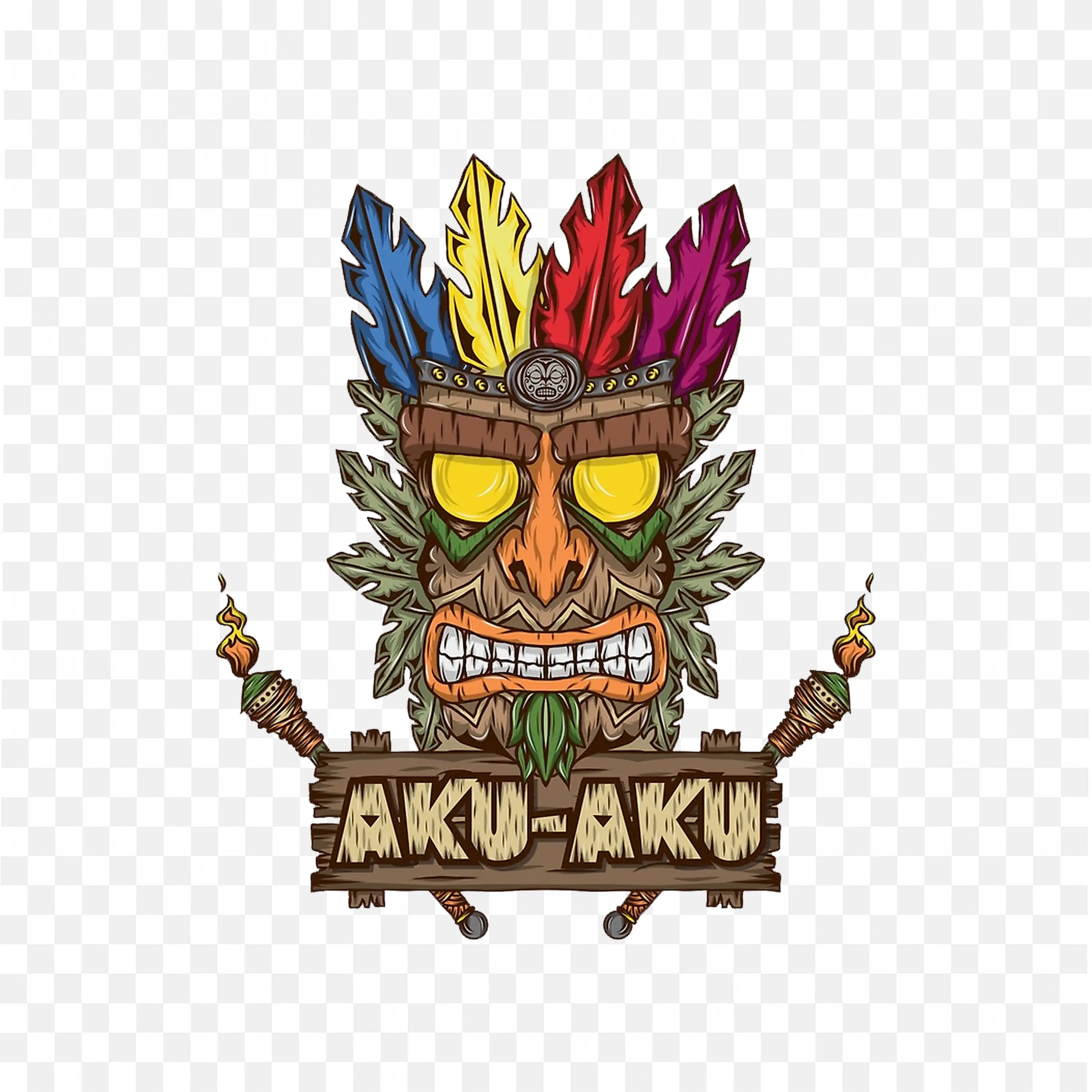 Colourful Tribal Mask with Feathers and Aku Aku Text PNG