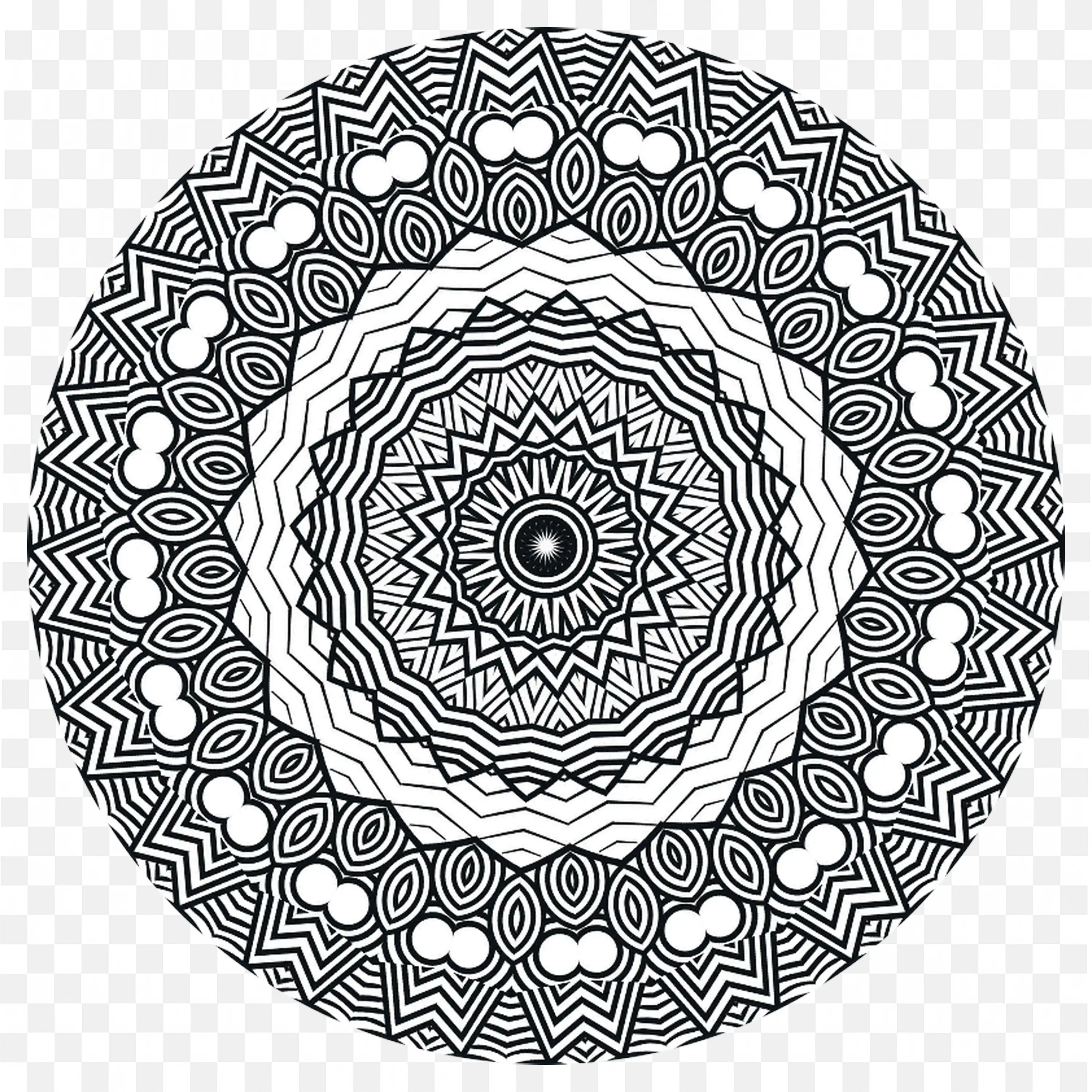 Complex Black and White Mandala with Layered Rings PNG