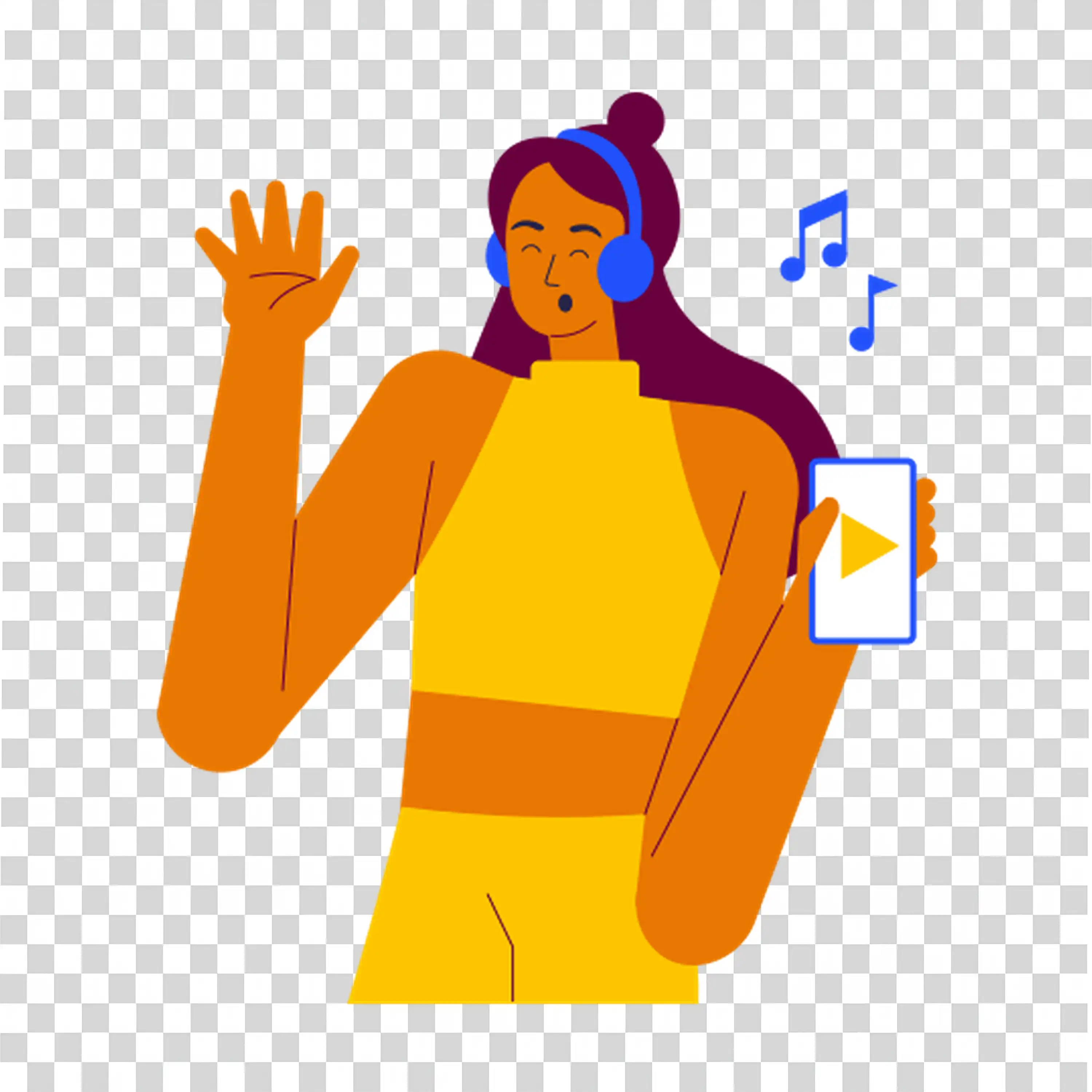 Confident woman in yellow dress using her phone PNG