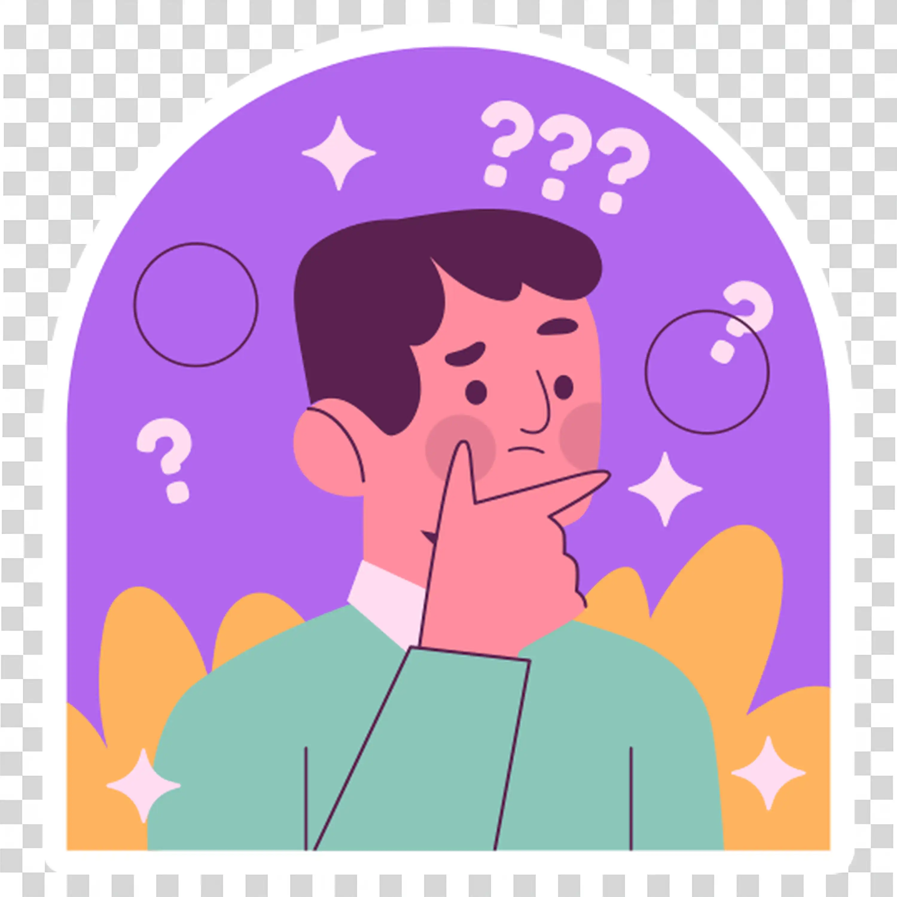 Confused Character Surrounded by Question Marks Representing