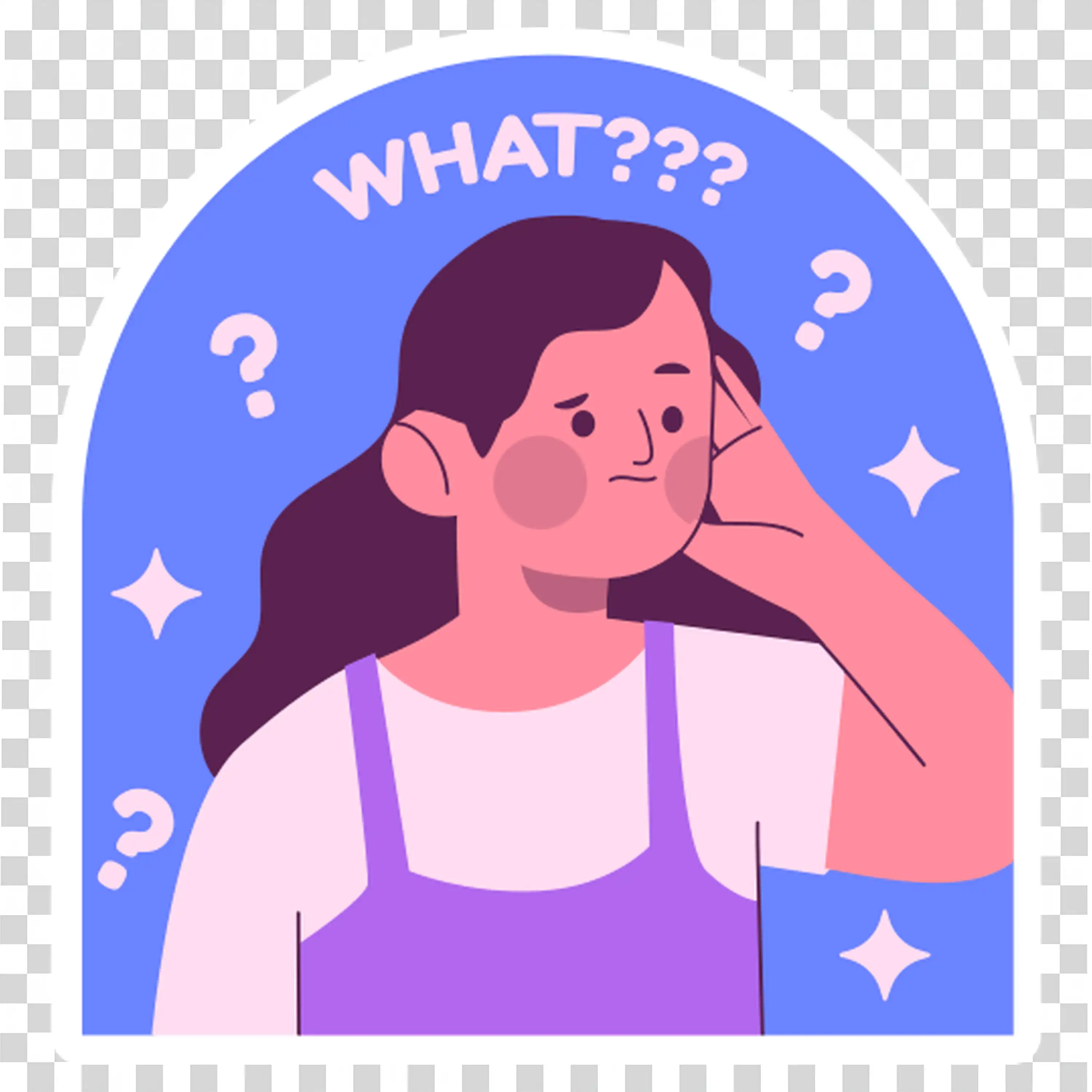 Confused Woman Surrounded by Question Marks and Frowning