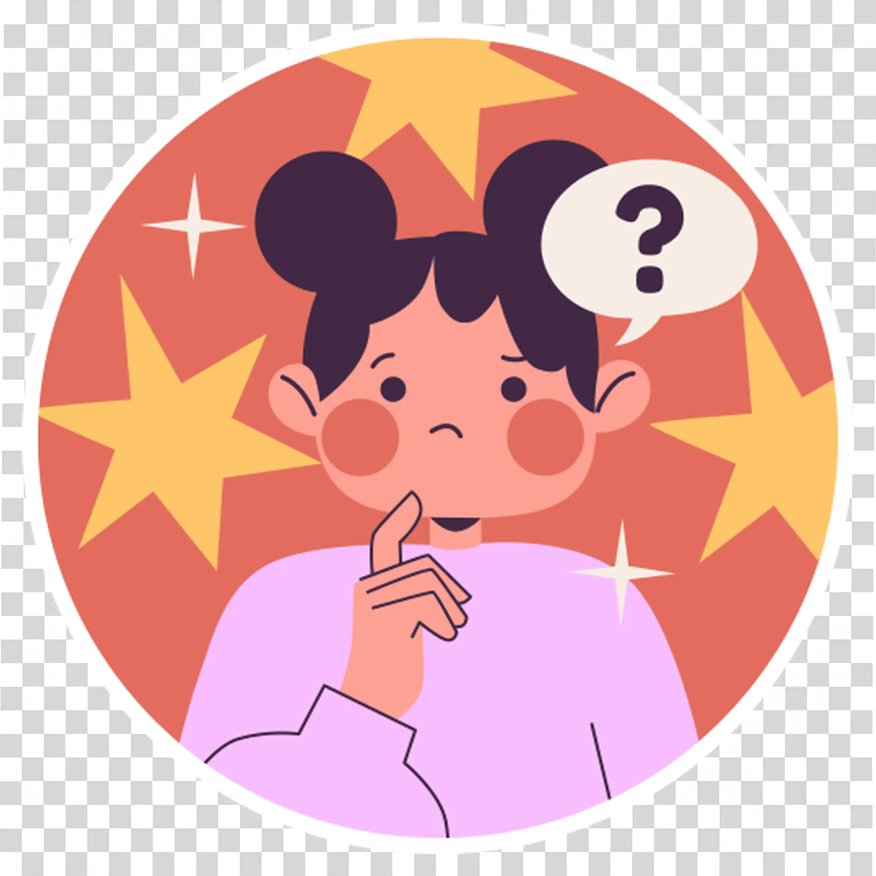Confused Woman with Stars Around Head Holding Her Chin