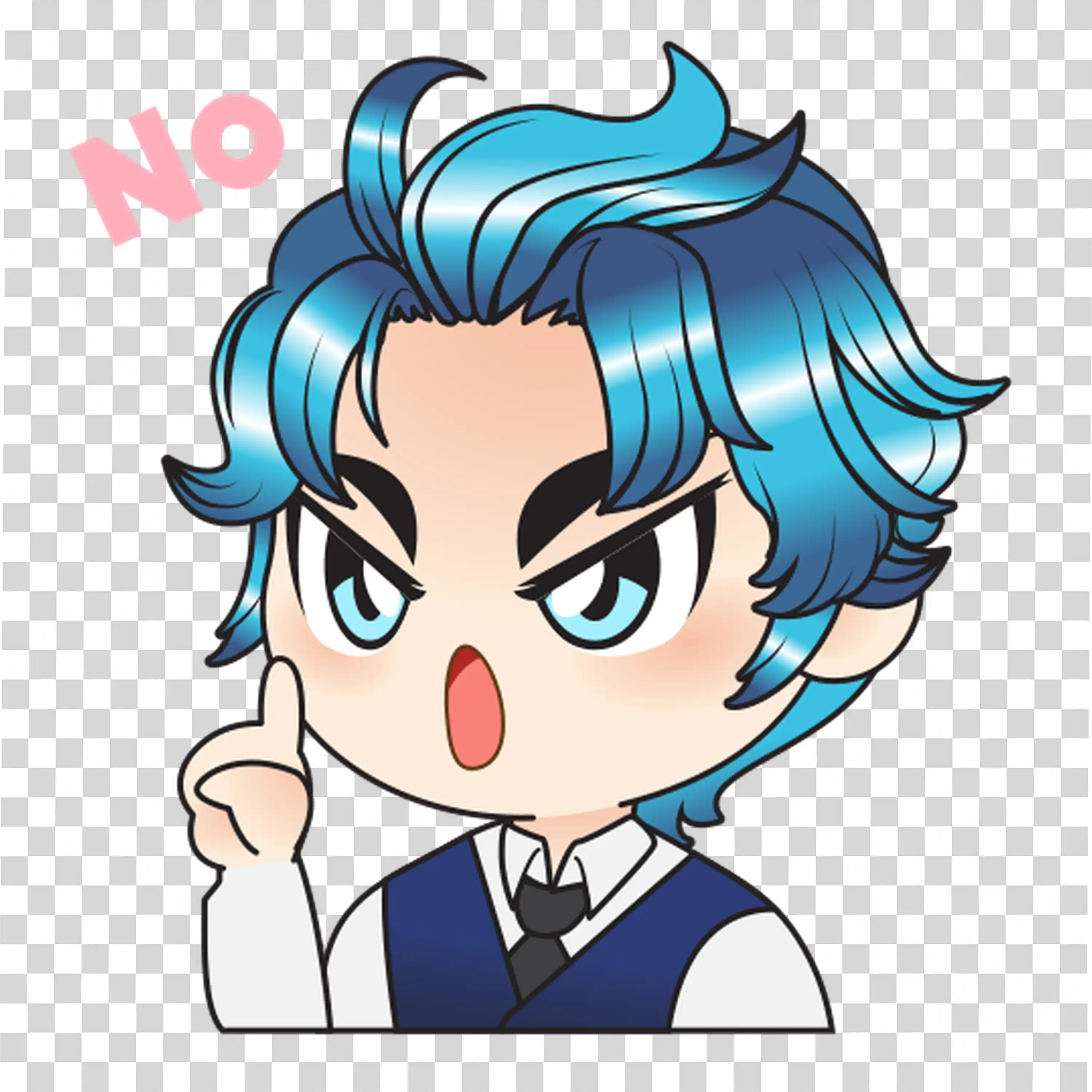 Cool bluehaired character with a confident gesture