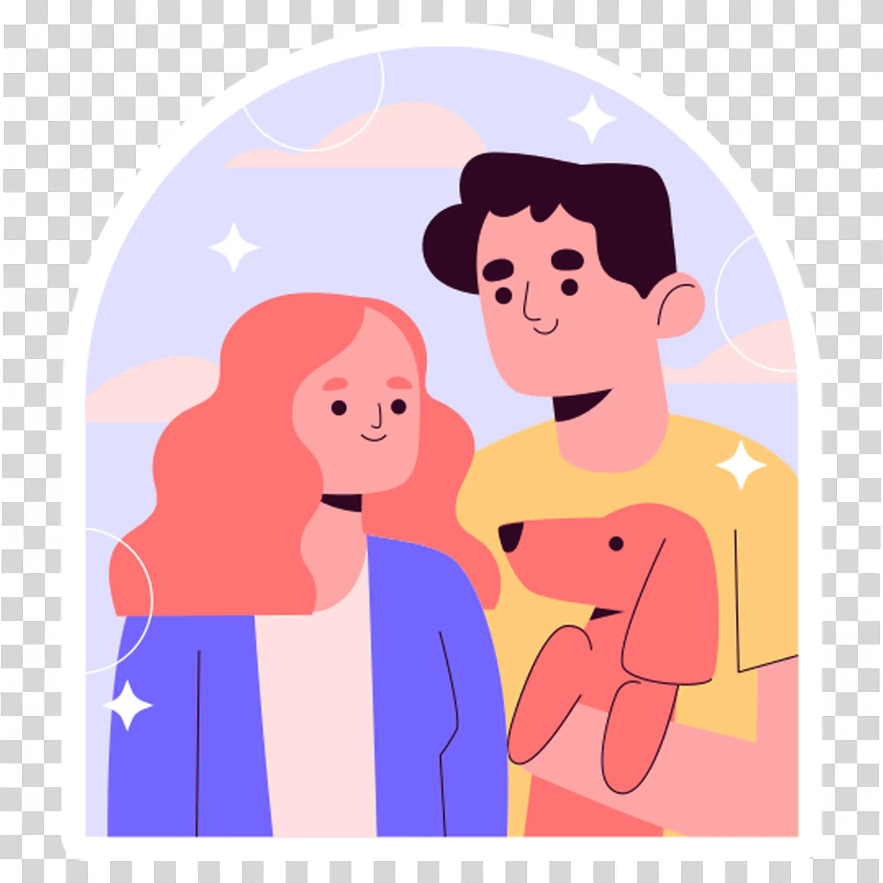 Couple holding hands and smiling with pink love background