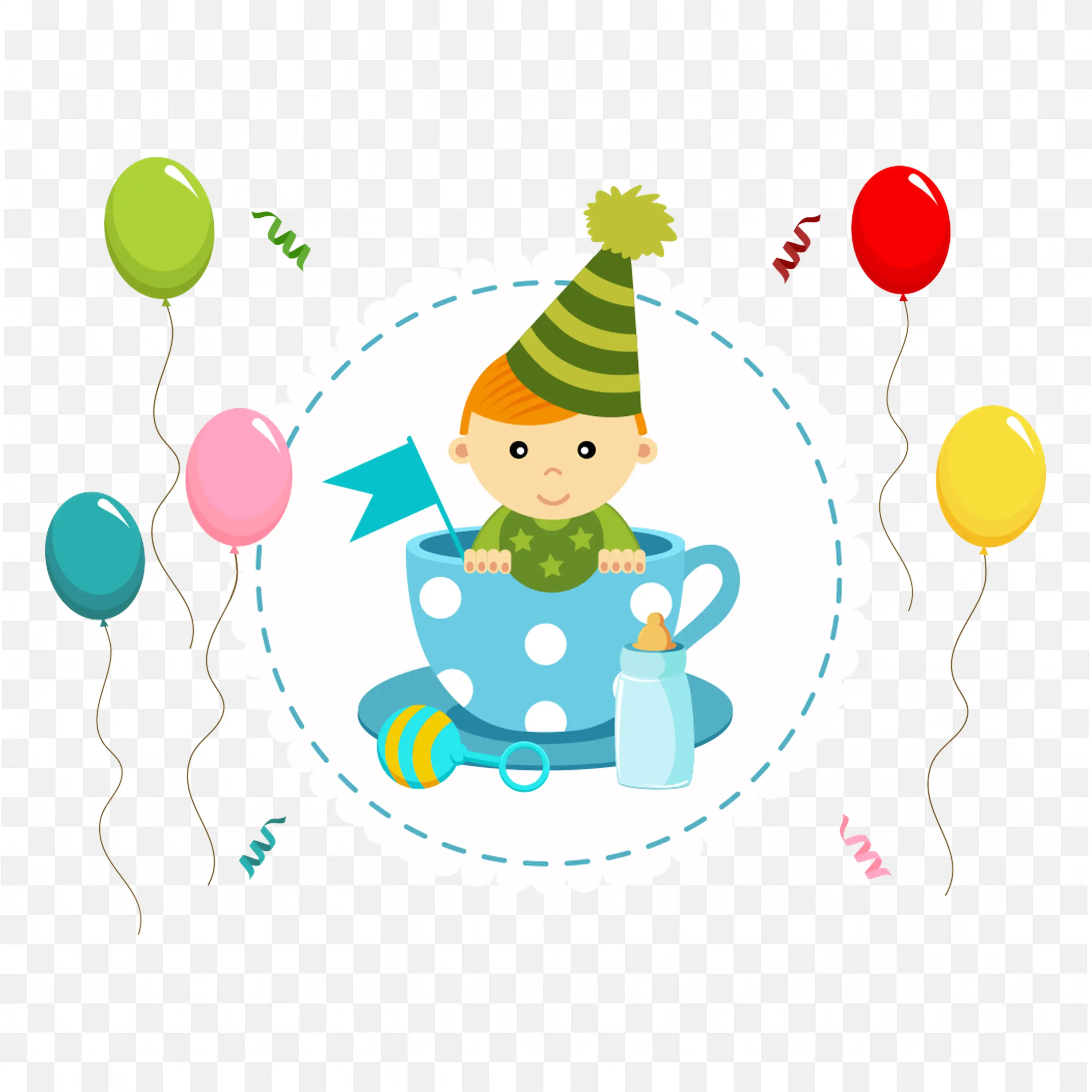 Cute Baby with Balloons Sitting Inside a Birthday Cup PNG