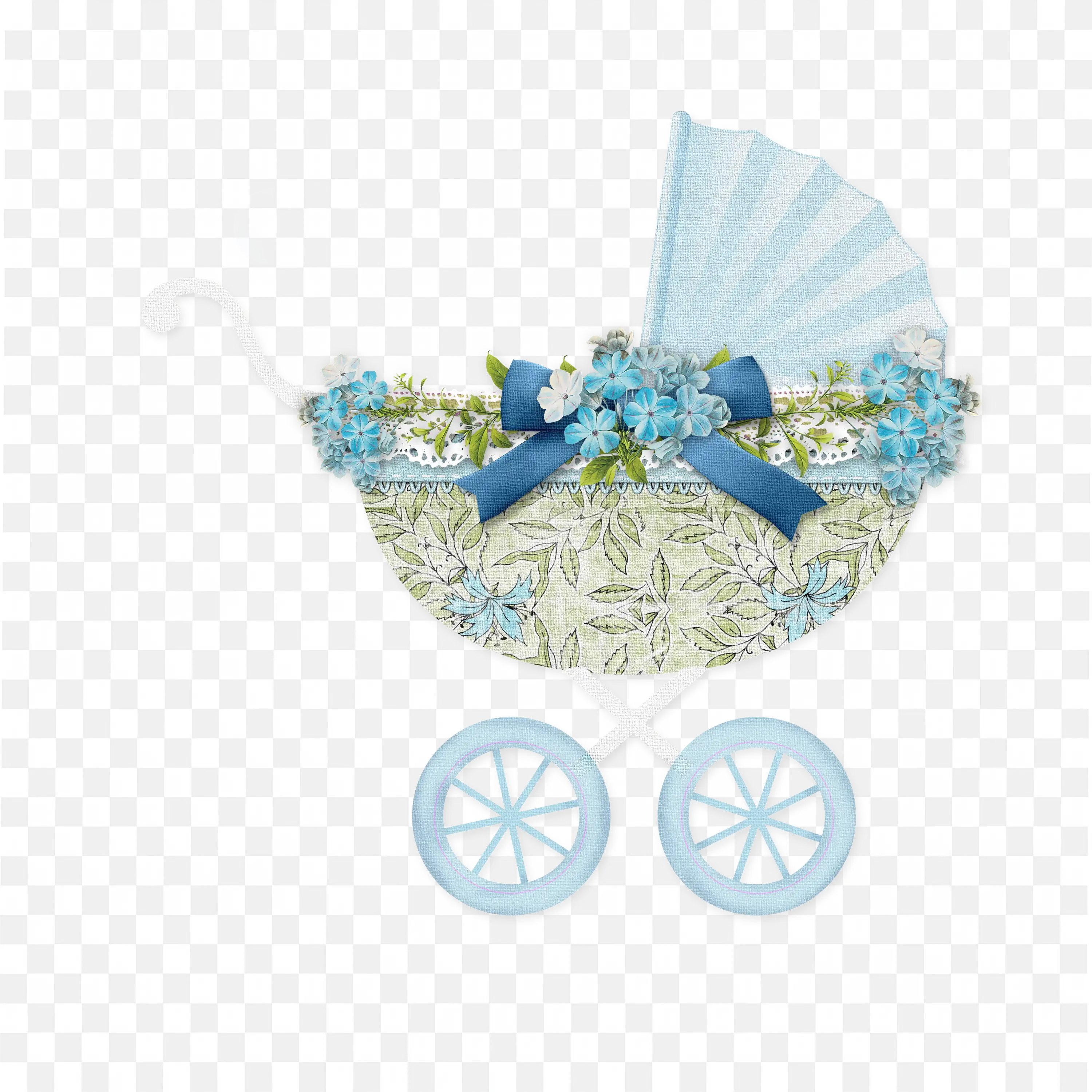 Cute Blue Baby Stroller with Floral Fabric and Bow PNG