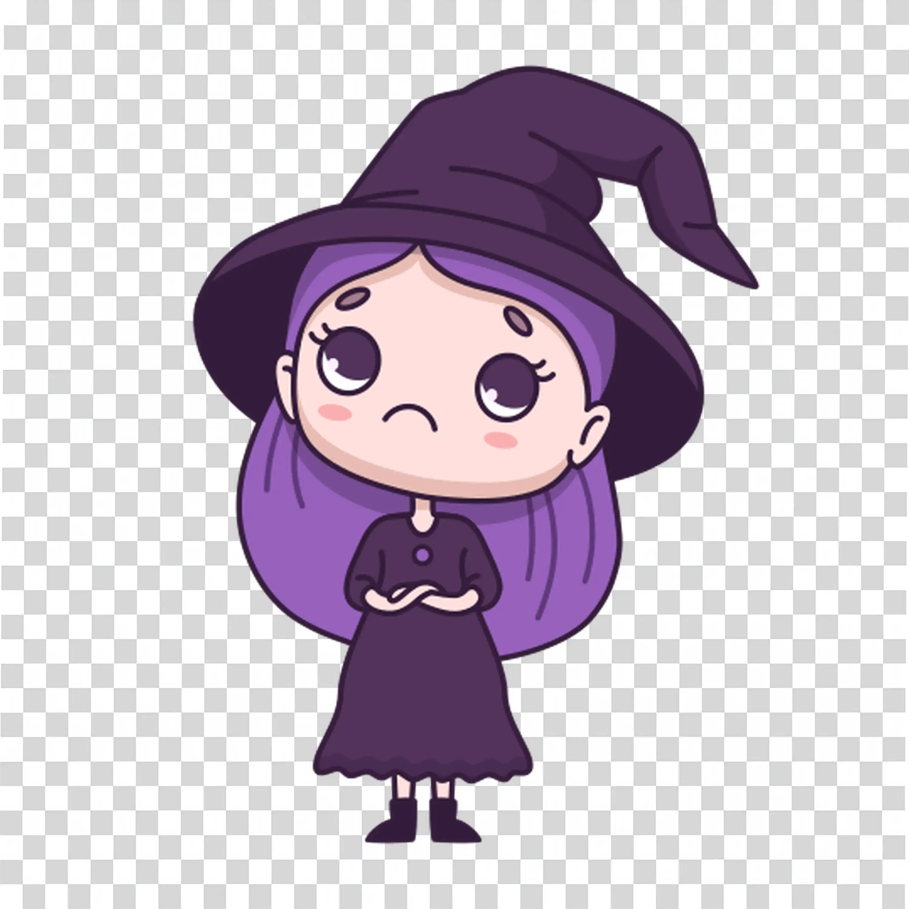 Cute little witch in black with long purple hair free PNG
