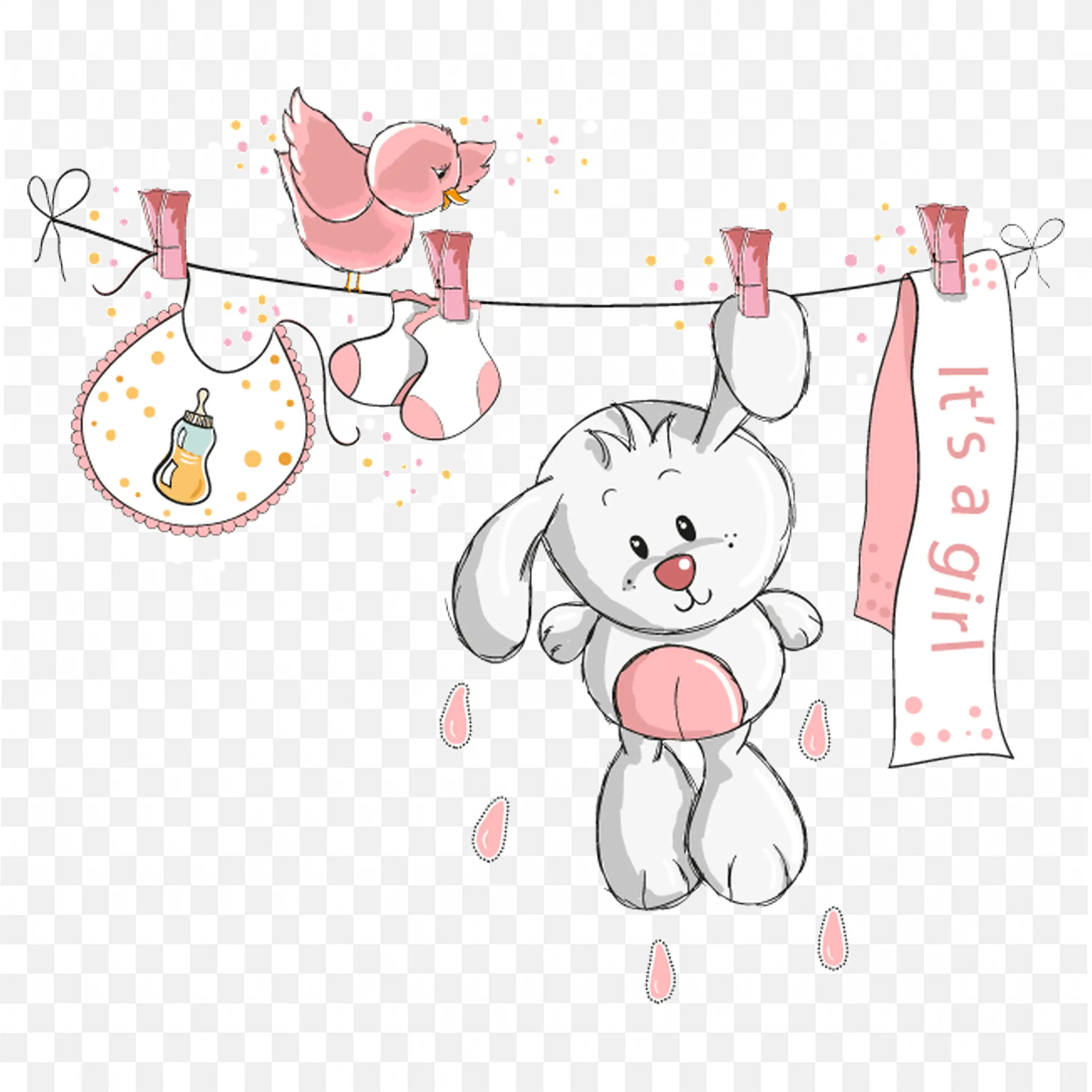 Cute Pink Baby Shower Illustration with Bunny and Bird PNG