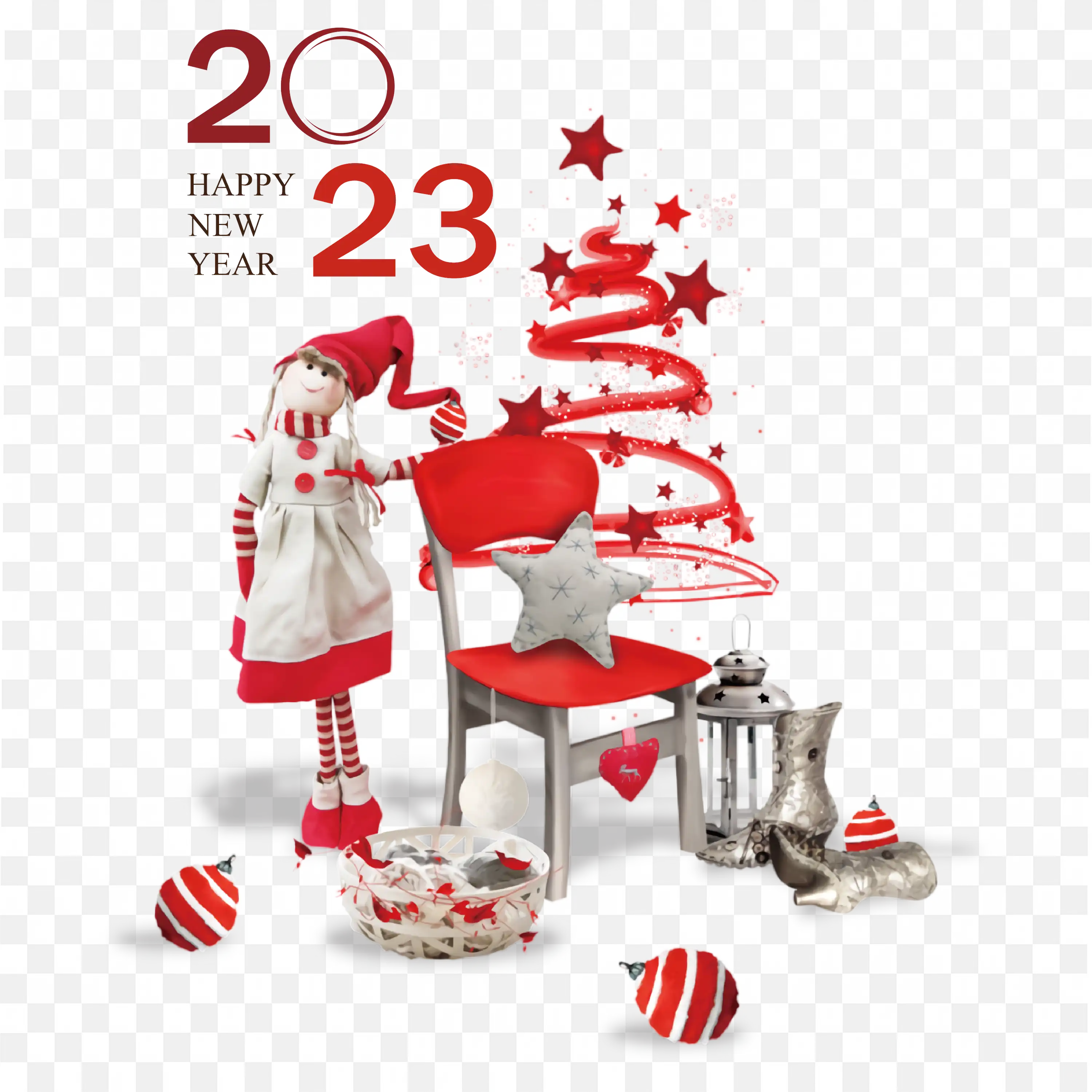 Cute Red and White Christmas Scene with New Year Greeting