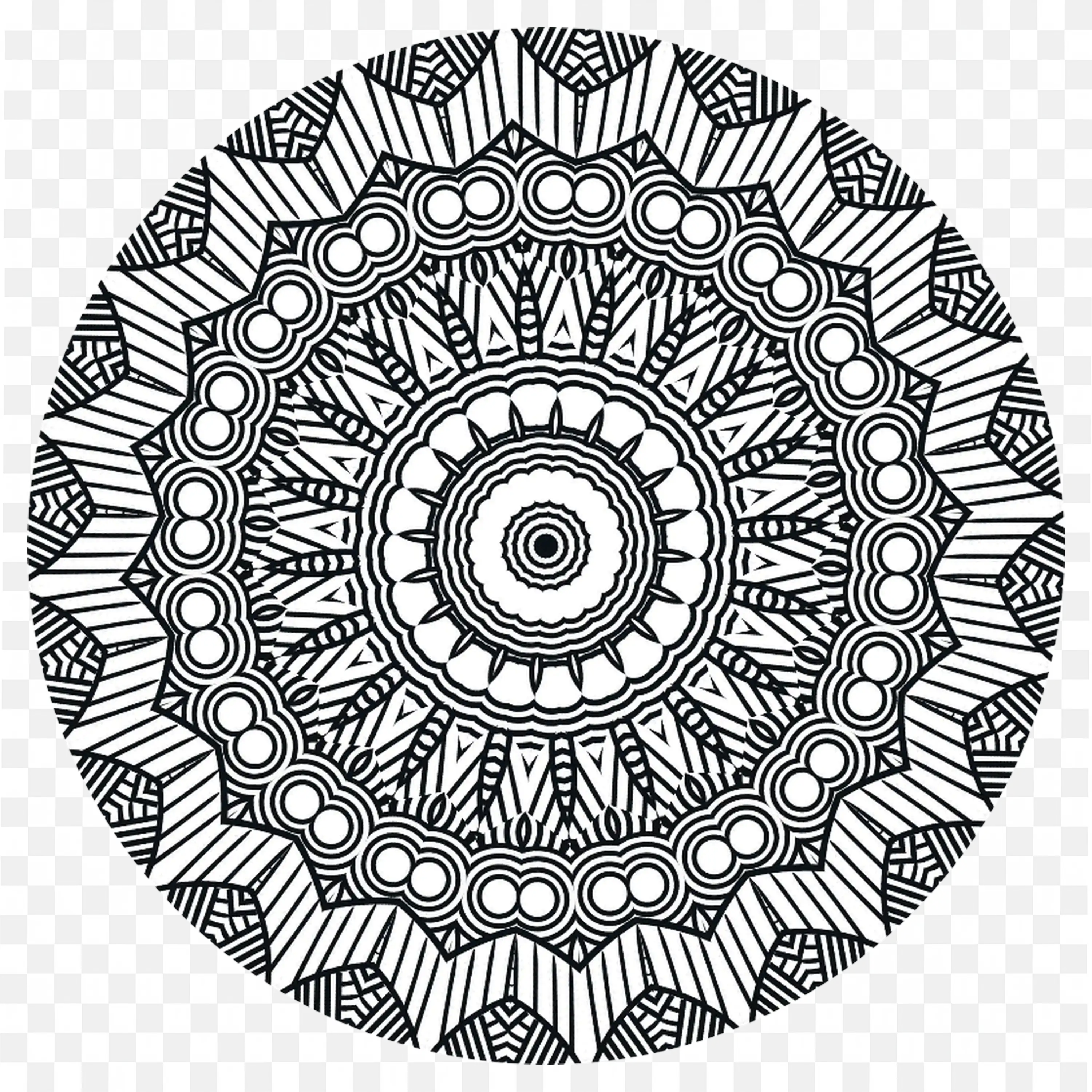 Detailed Circular Mandala Pattern in Black and White Ink