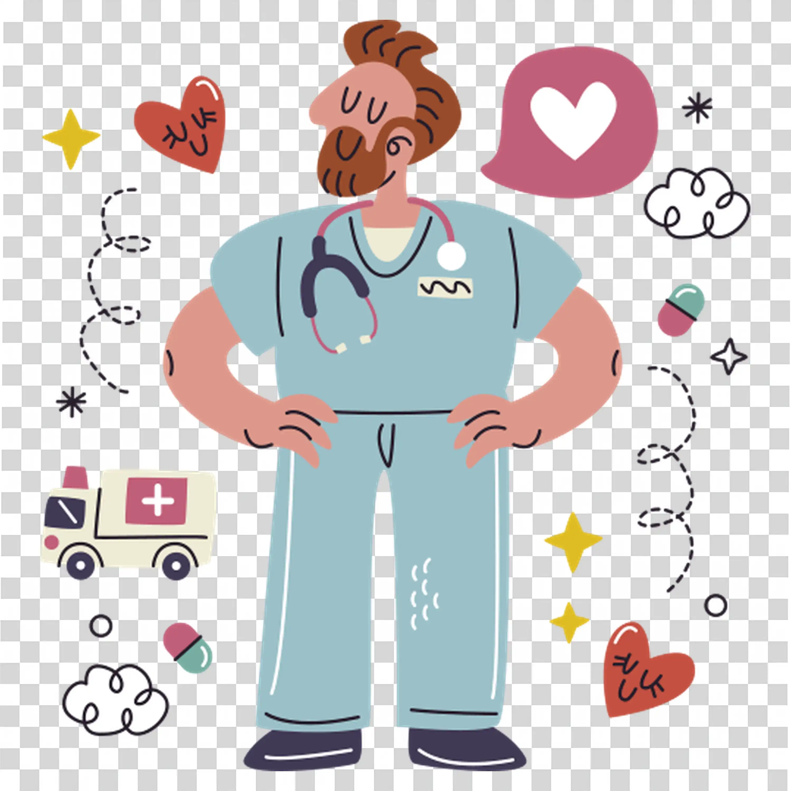 Doctor explaining health icons around him PNG image