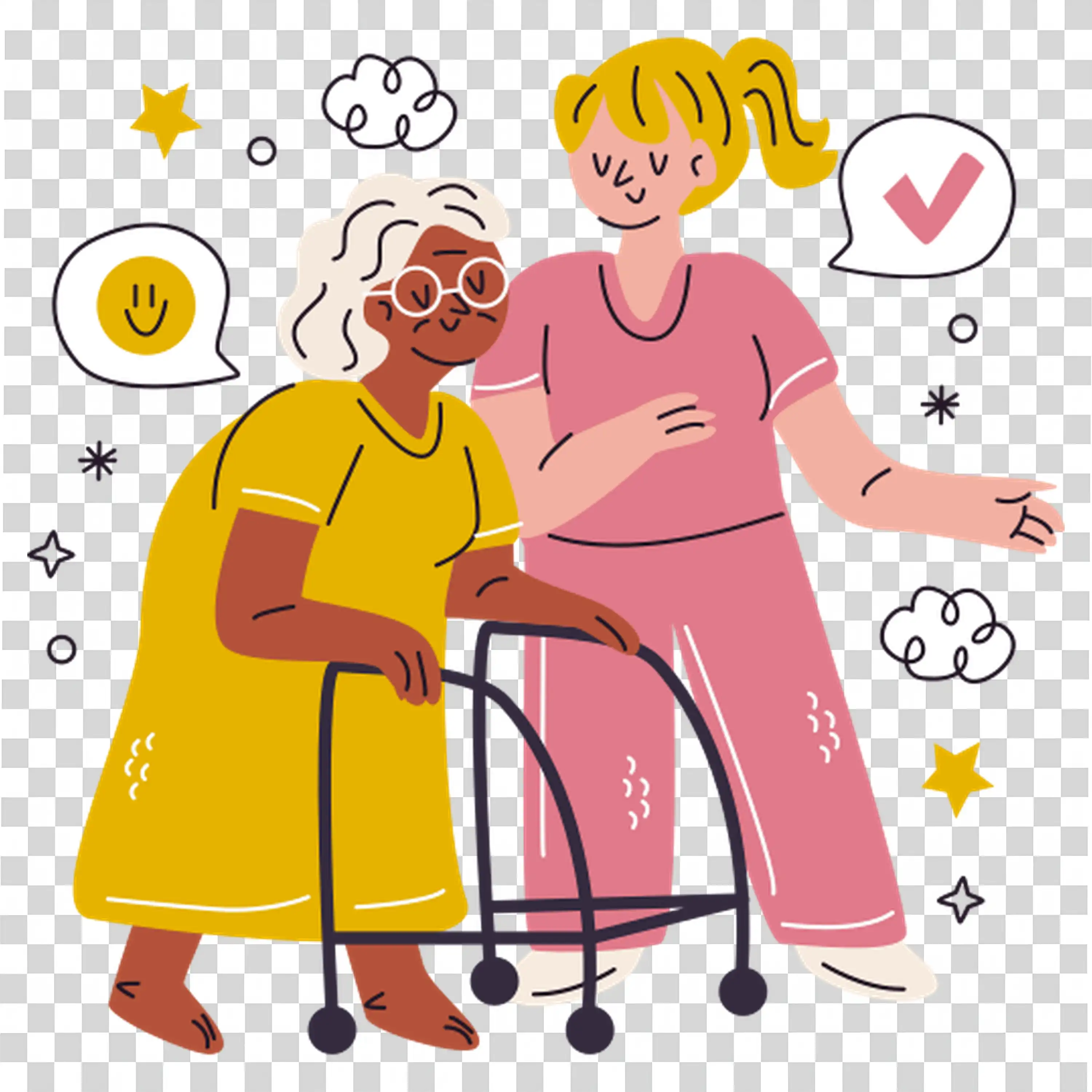 Elderly couple walking with loving gestures free PNG