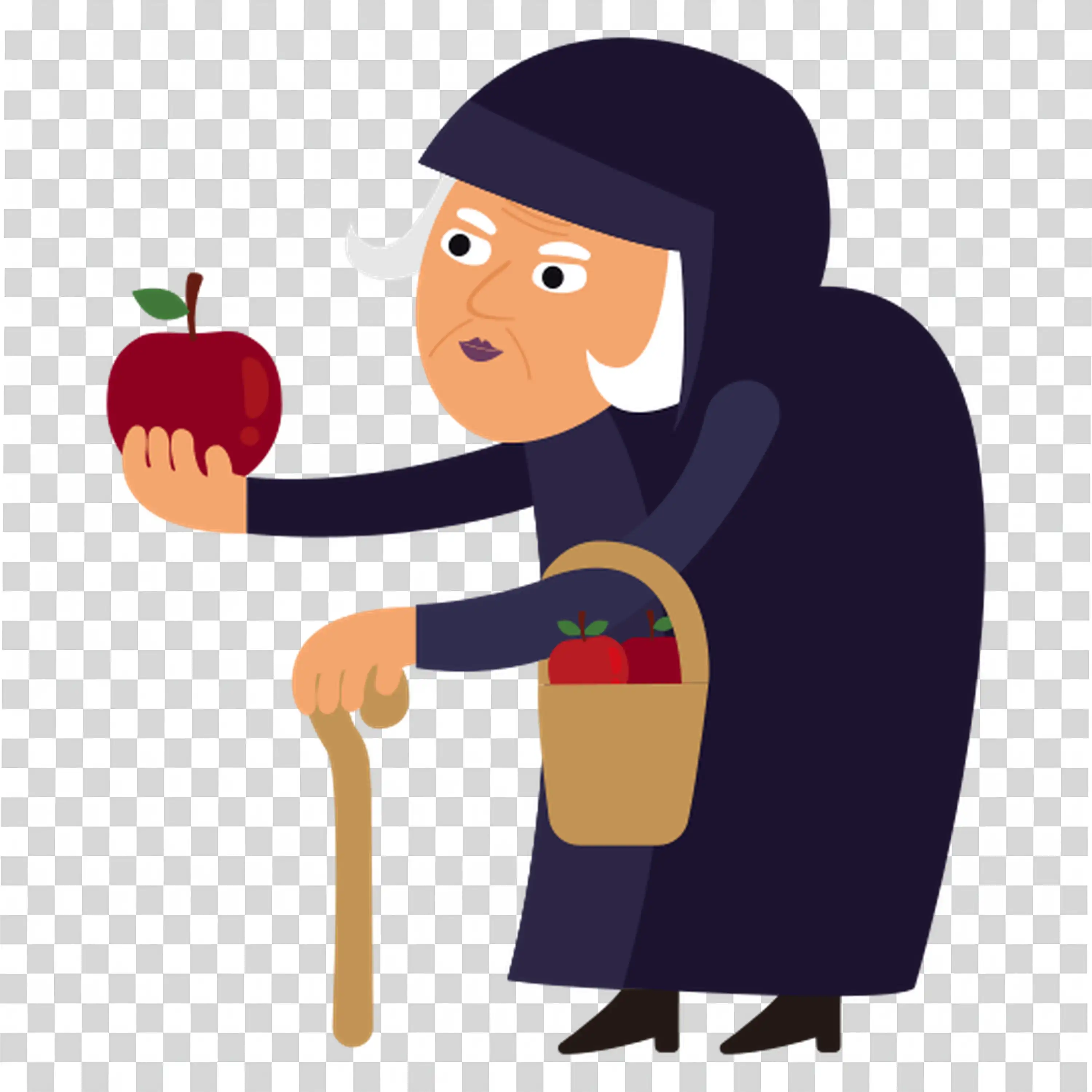 Elderly woman holding apple and cane with wisdom smile