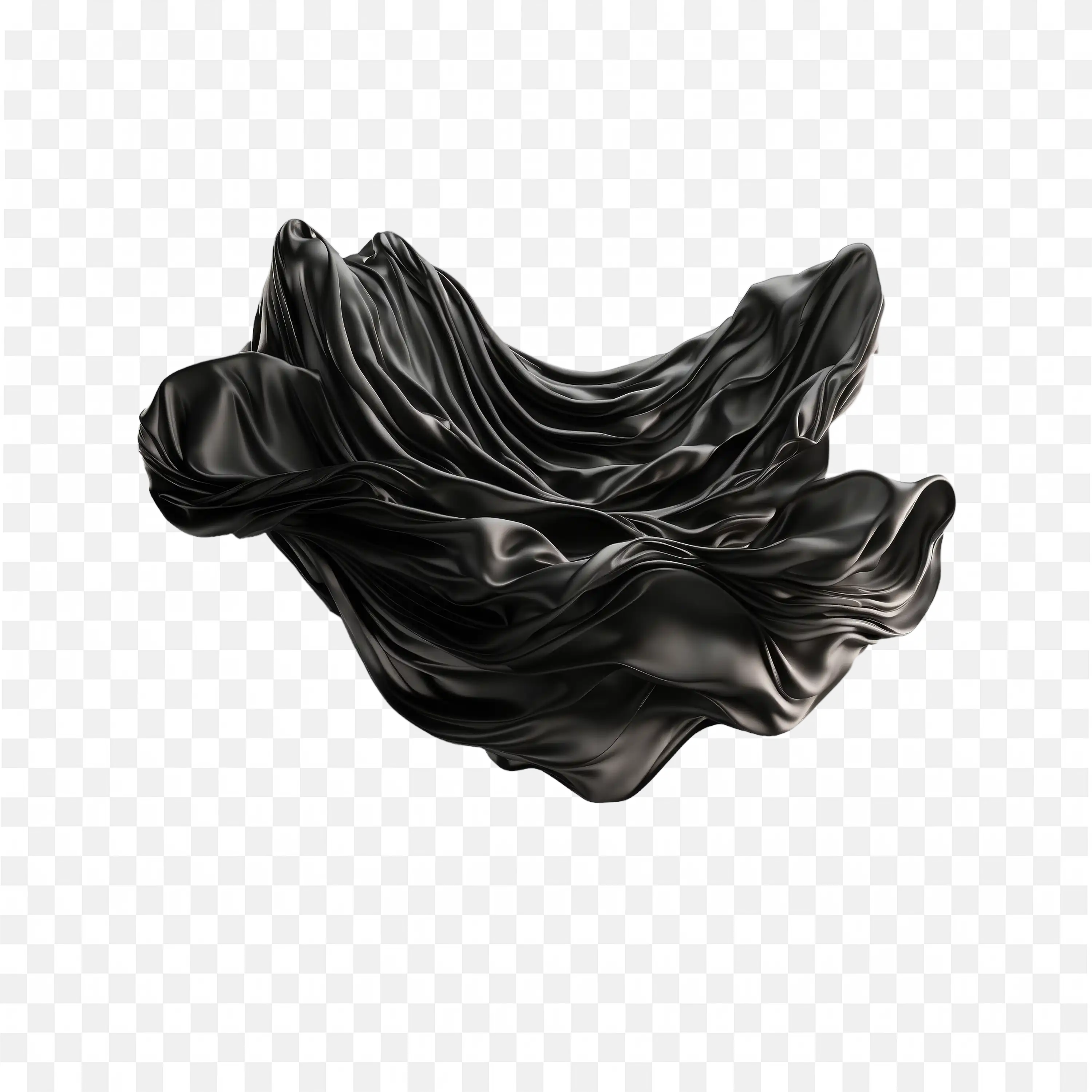 Elegant Flowing Black Fabric Floating in Air Motion PNG