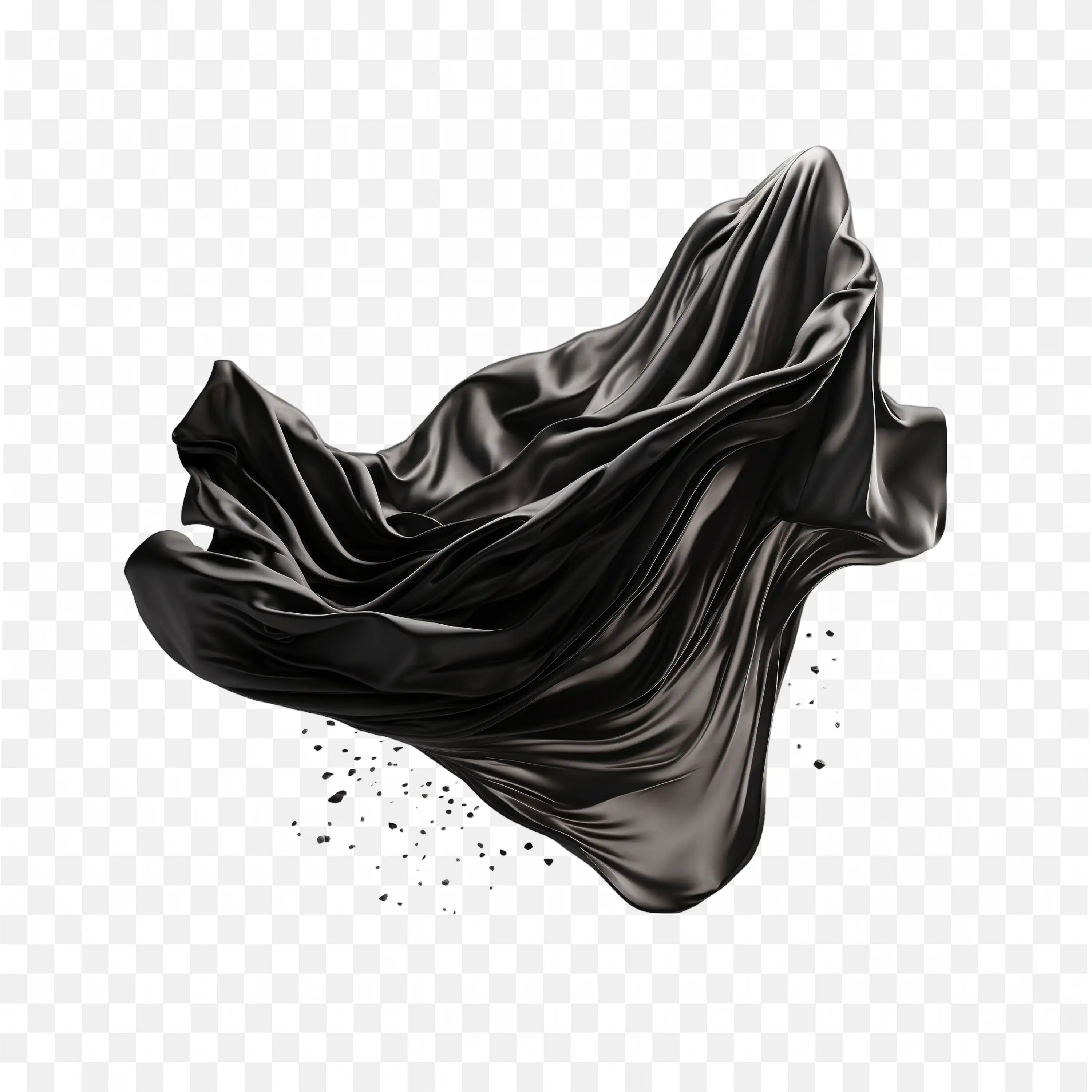 Elegant Flowing Black Satin Fabric with Floating Rocks PNG