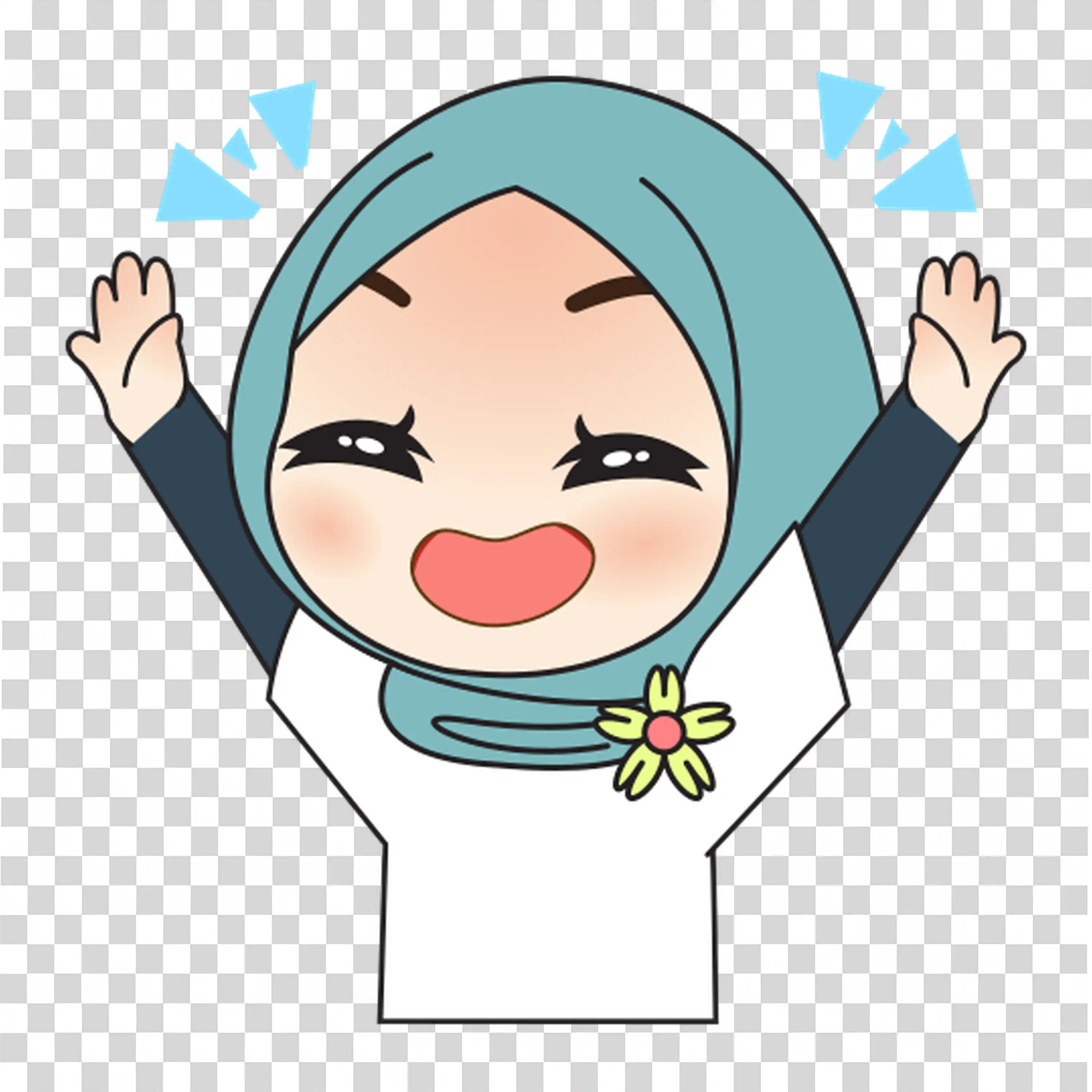 Excited woman cheering in white outfit and hijab PNG