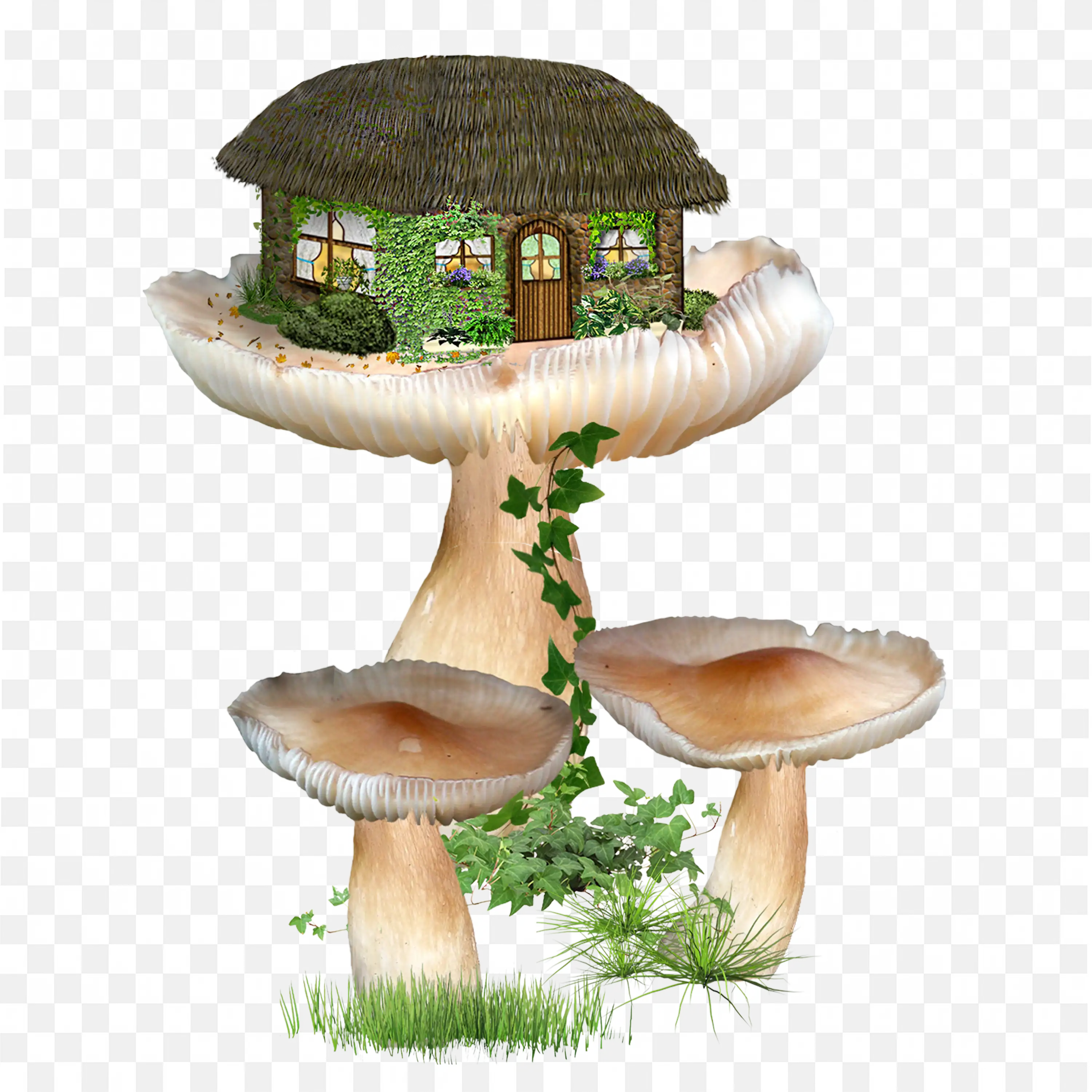 Fantasy Mushroom House with Small Windows and Plants PNG