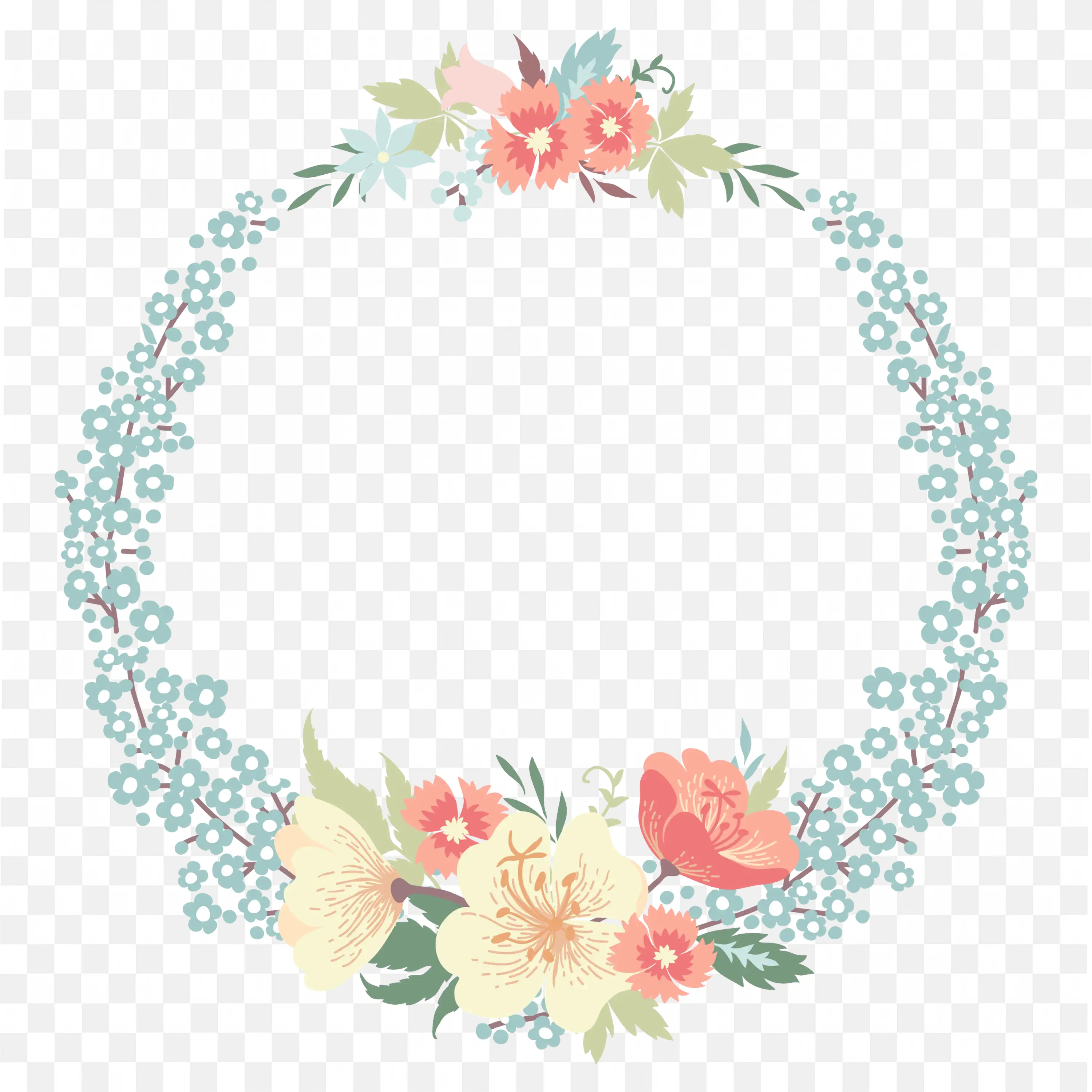 Floral Circular Frame with Red and Blue Blossoms Clip Art