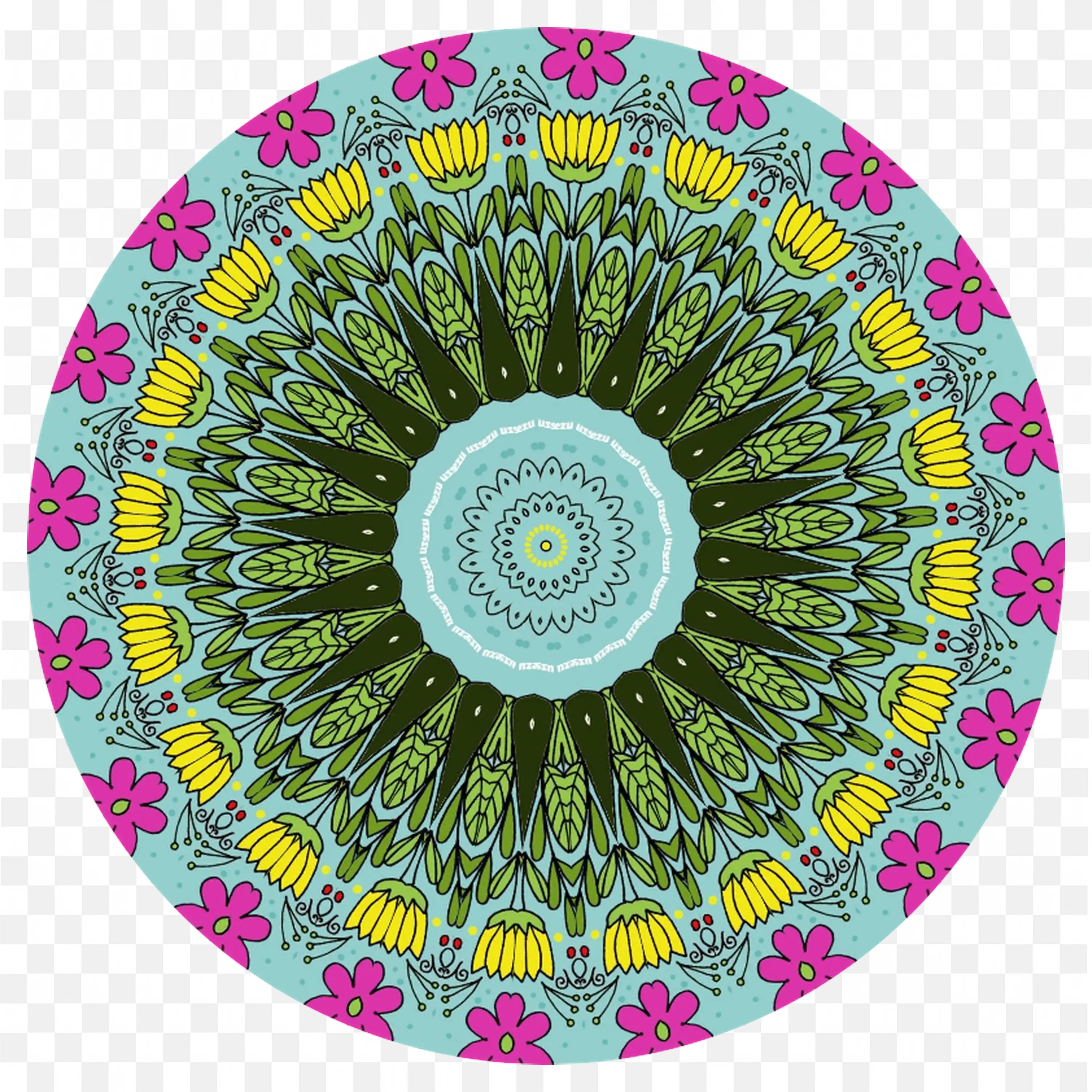 Floral Mandala with Pink Flowers and Green Leaf Patterns