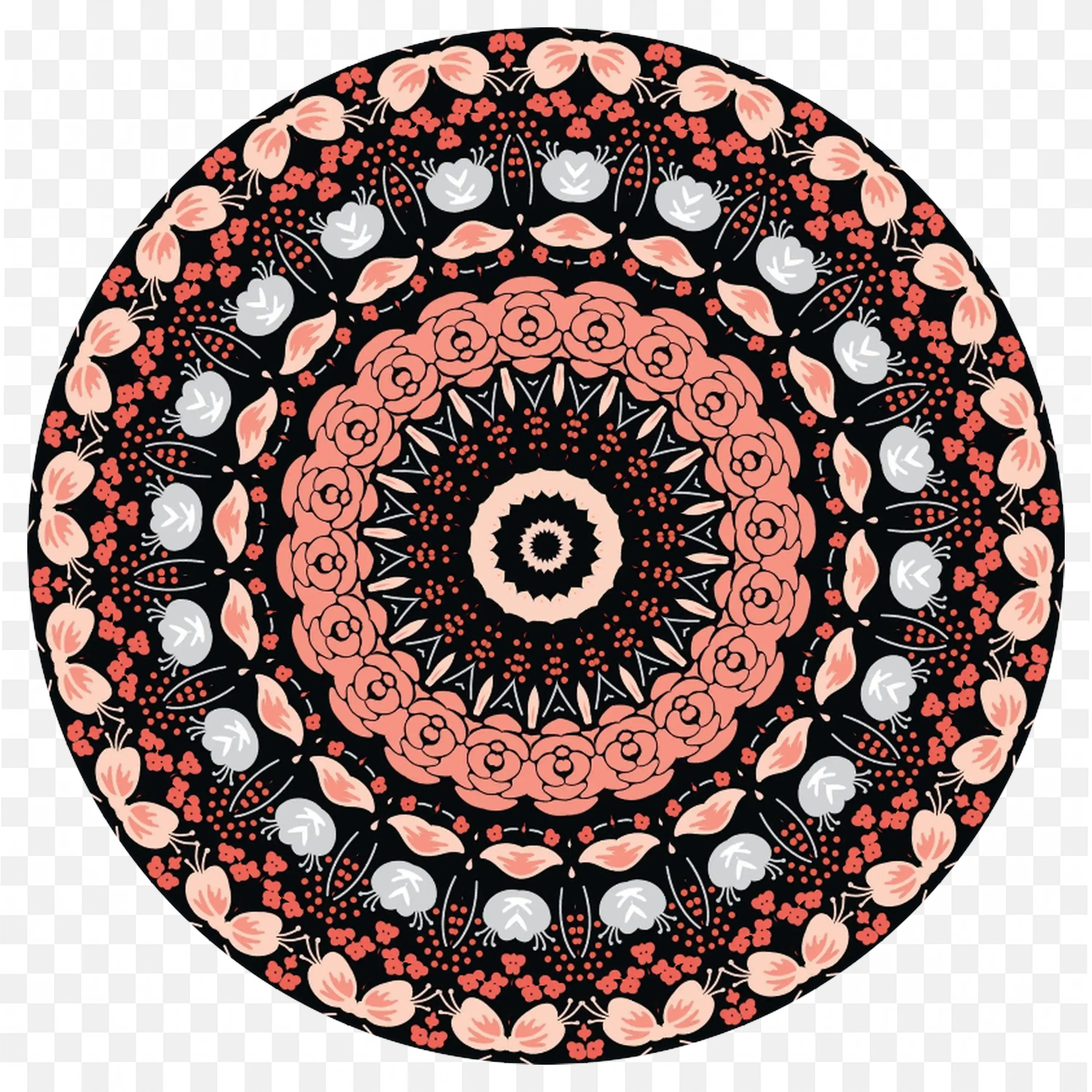 Floral Patterned Mandala in Black and Peach with Roses PNG
