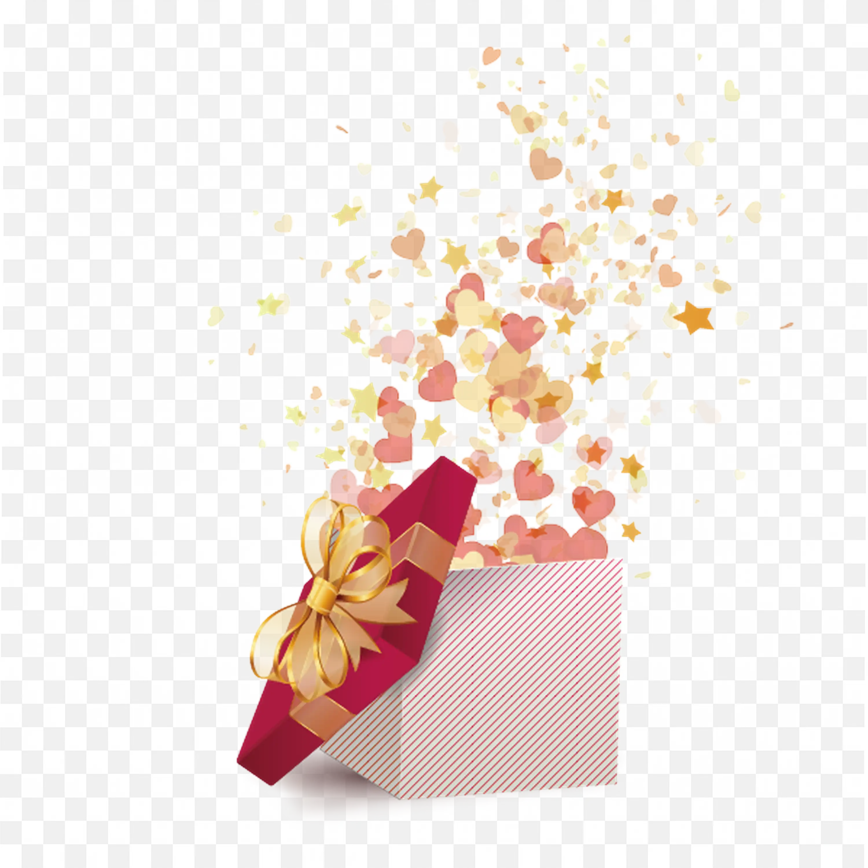 Gift Box with Colourful Hearts and Stars Flying Out PNG
