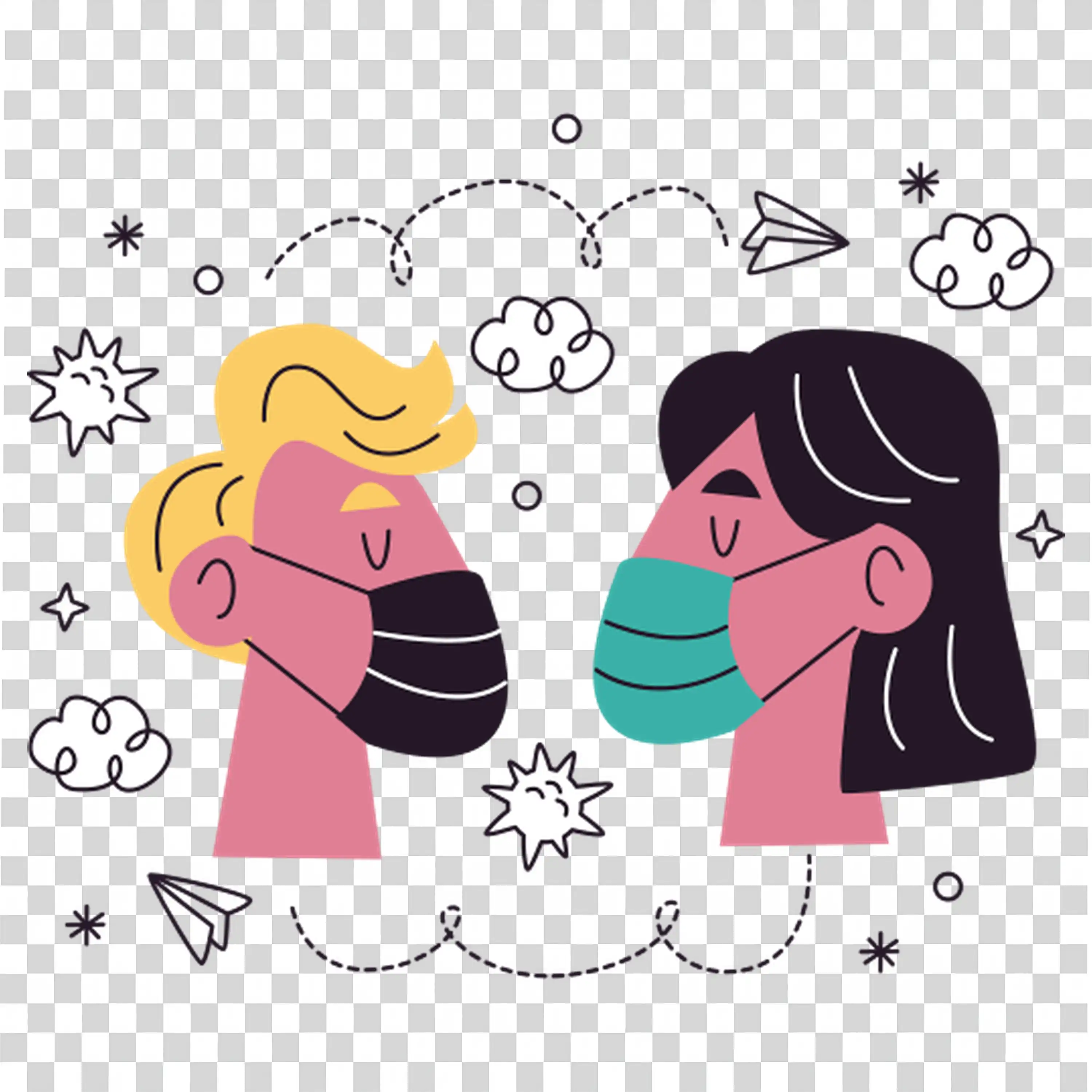 Girl and boy smiling with thoughts swirling around them
