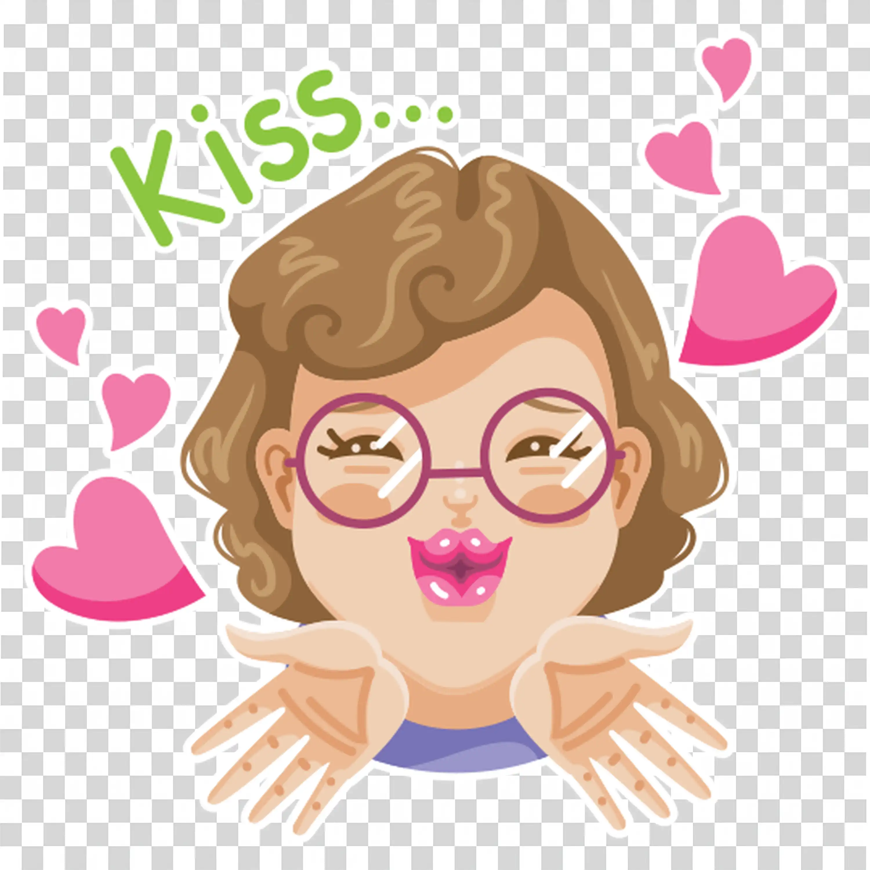 Girl blowing kiss with floating hearts around her face