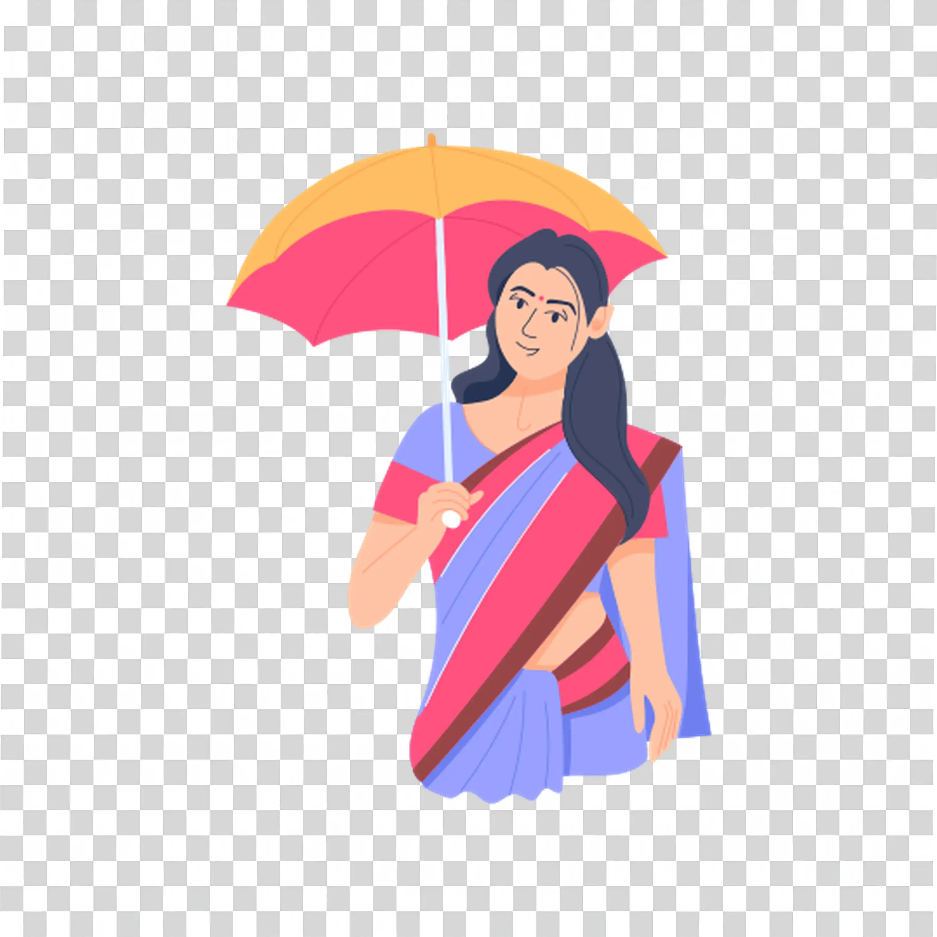Girl holding umbrella walking under soft pink sky PNG