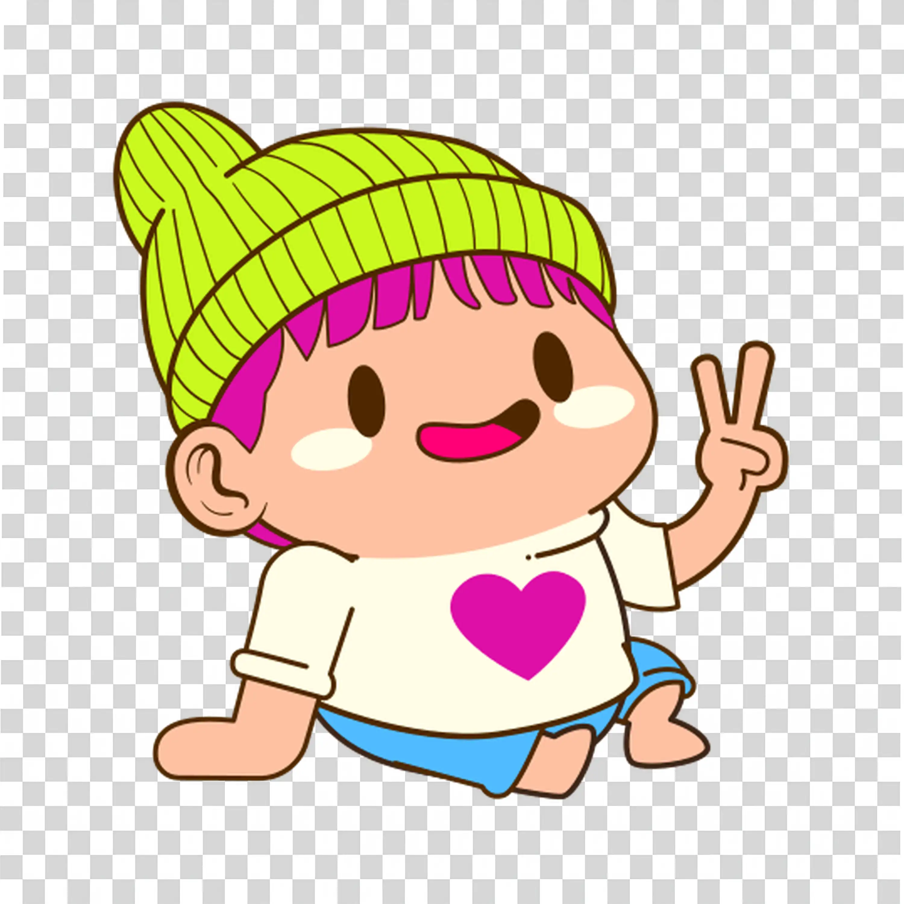 Girl in green hat showing peace sign with smile free PNG