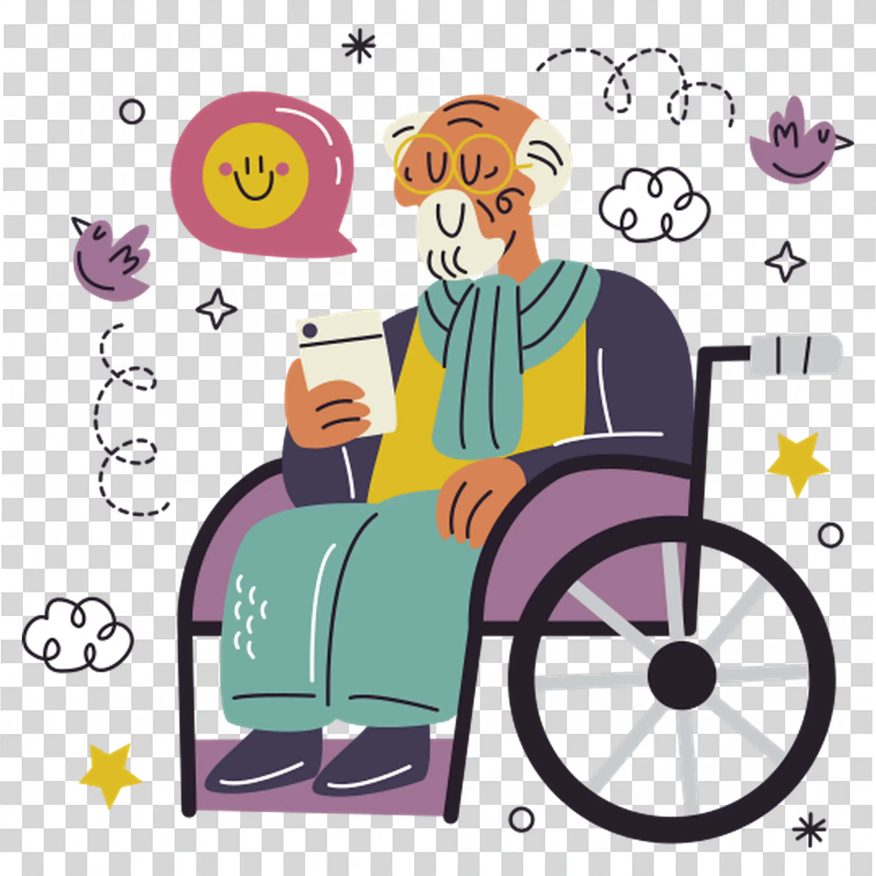 Girl in Wheelchair Surrounded by Happy Doodle Icons