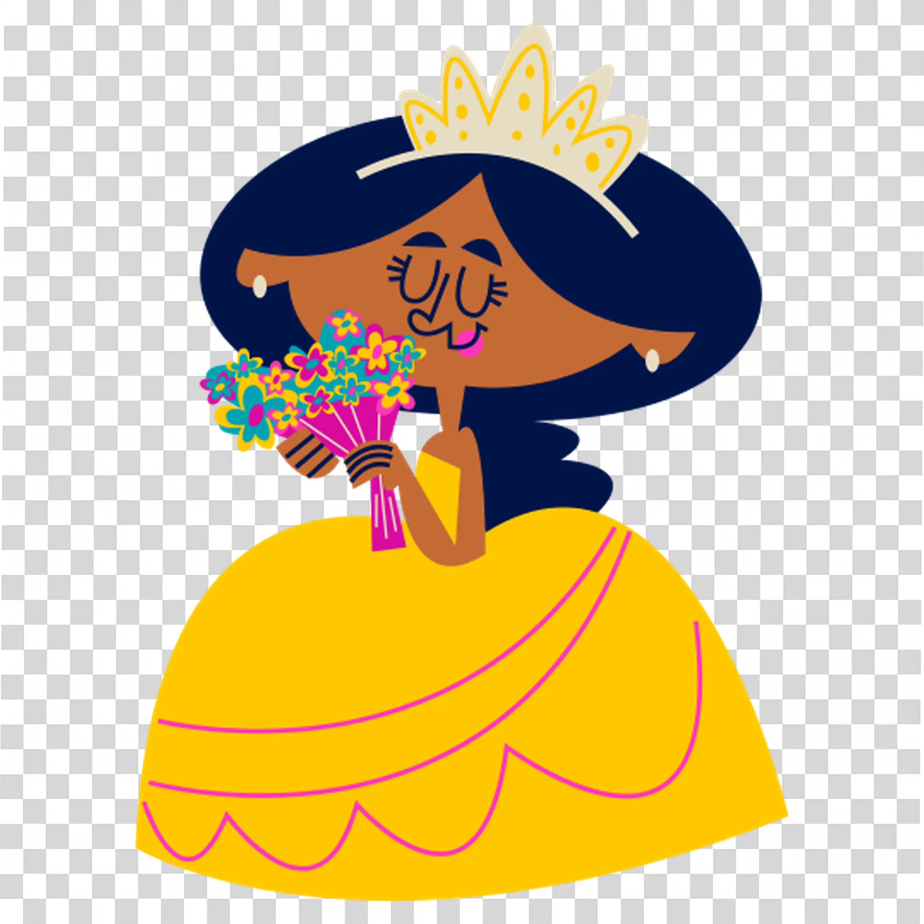 Girl in yellow dress and crown smiling with pride PNG