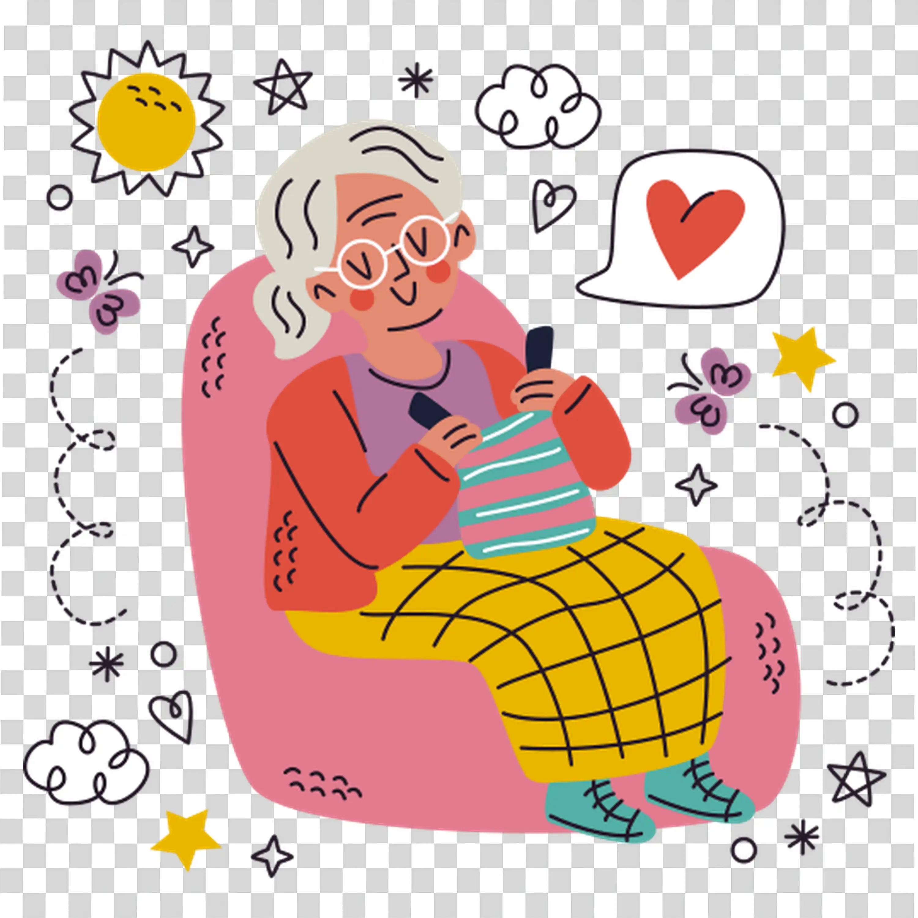 Girl journaling surrounded by symbols of happiness