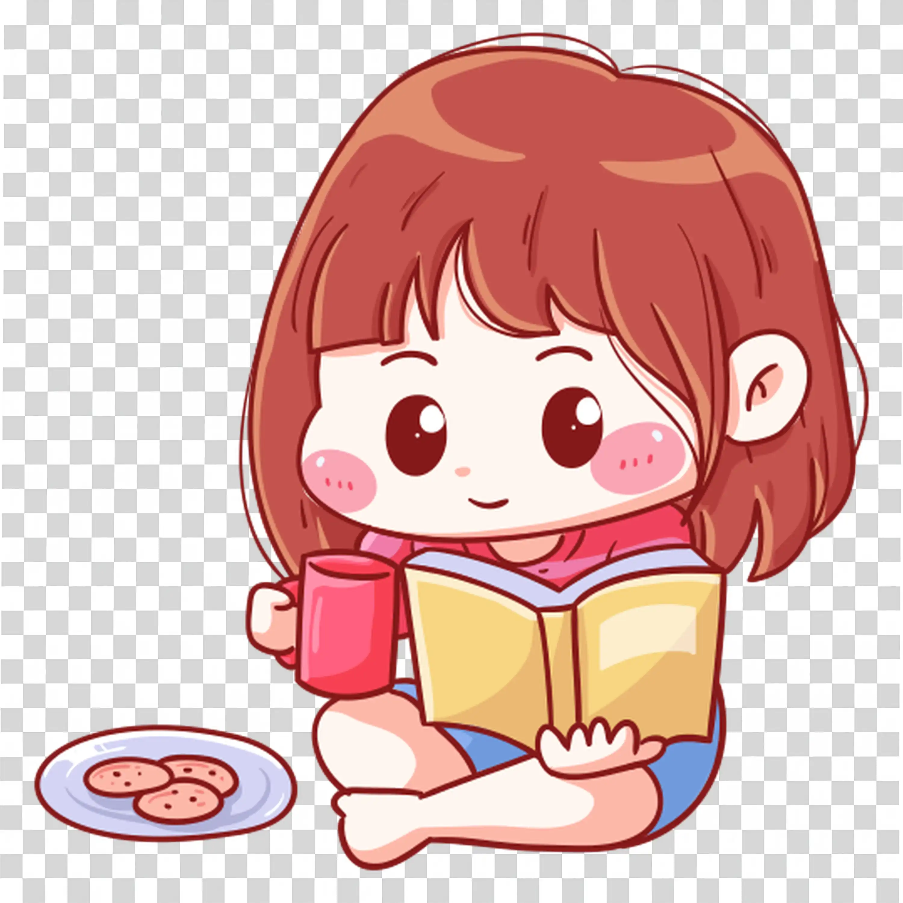 Girl Reading a Book While Sitting at a Table PNG image