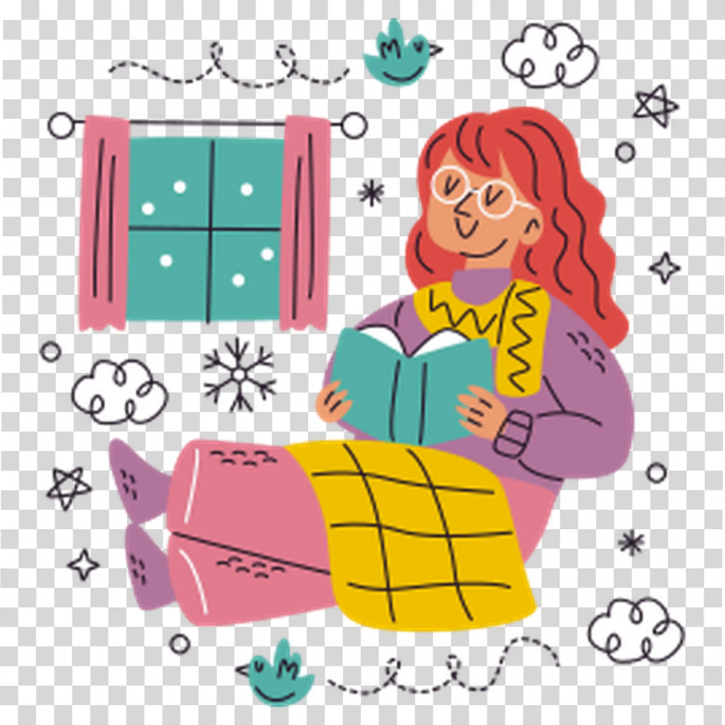 Girl reading book by window wrapped in cozy yellow blanket