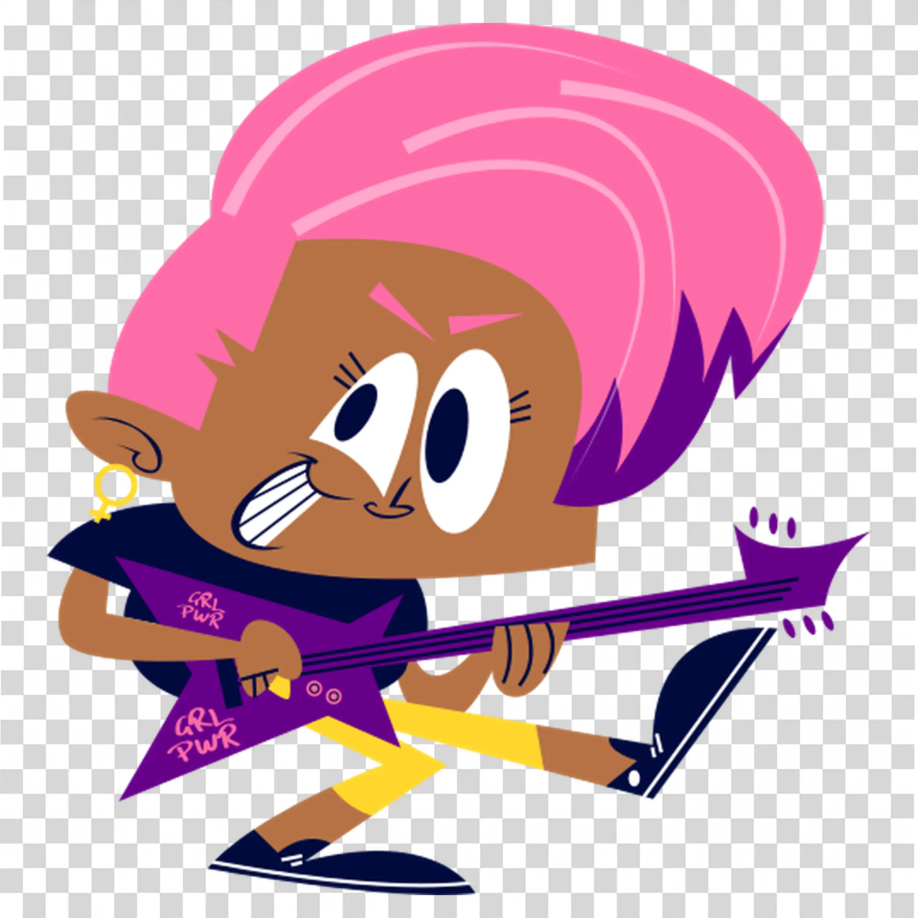 Girl rocking out on electric guitar with pink hair flowing