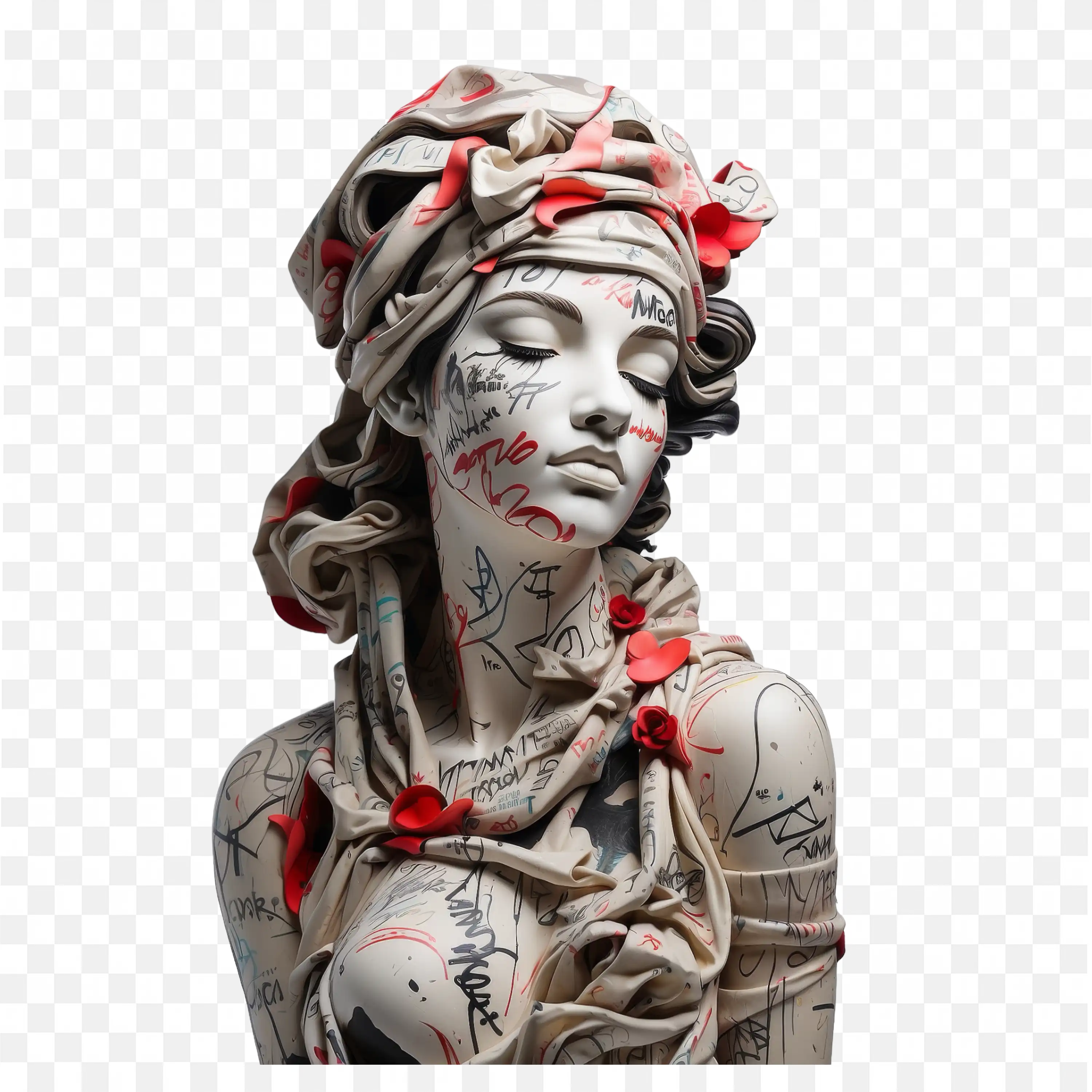 Girl Sculpture Covered with Head Wrap and Closed Eyes PNG