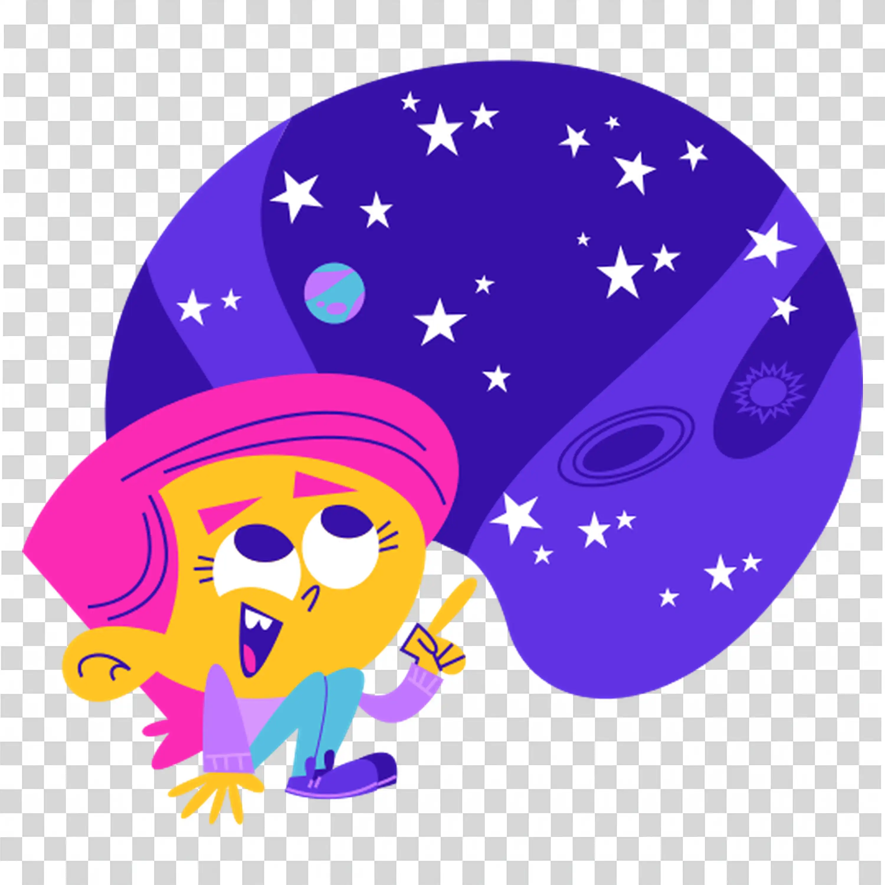 Girl wearing cape flying through magical purple sky
